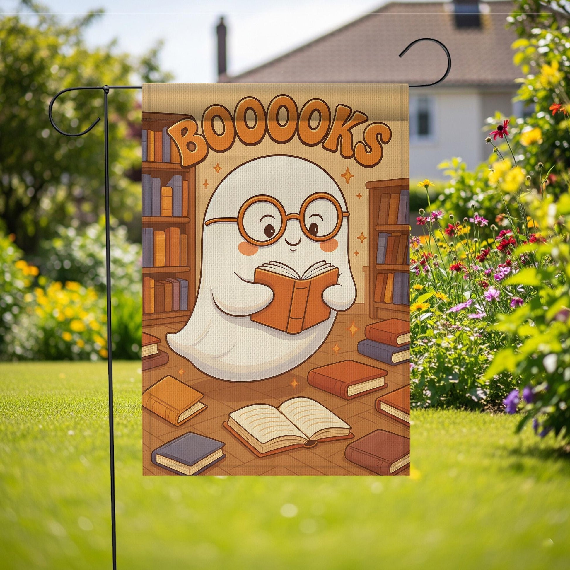 Booooks Ghost Garden Flag, Cute Halloween Decor for Book Lovers, Spooky Season Bookworm Yard Art, Bookish Porch Sign