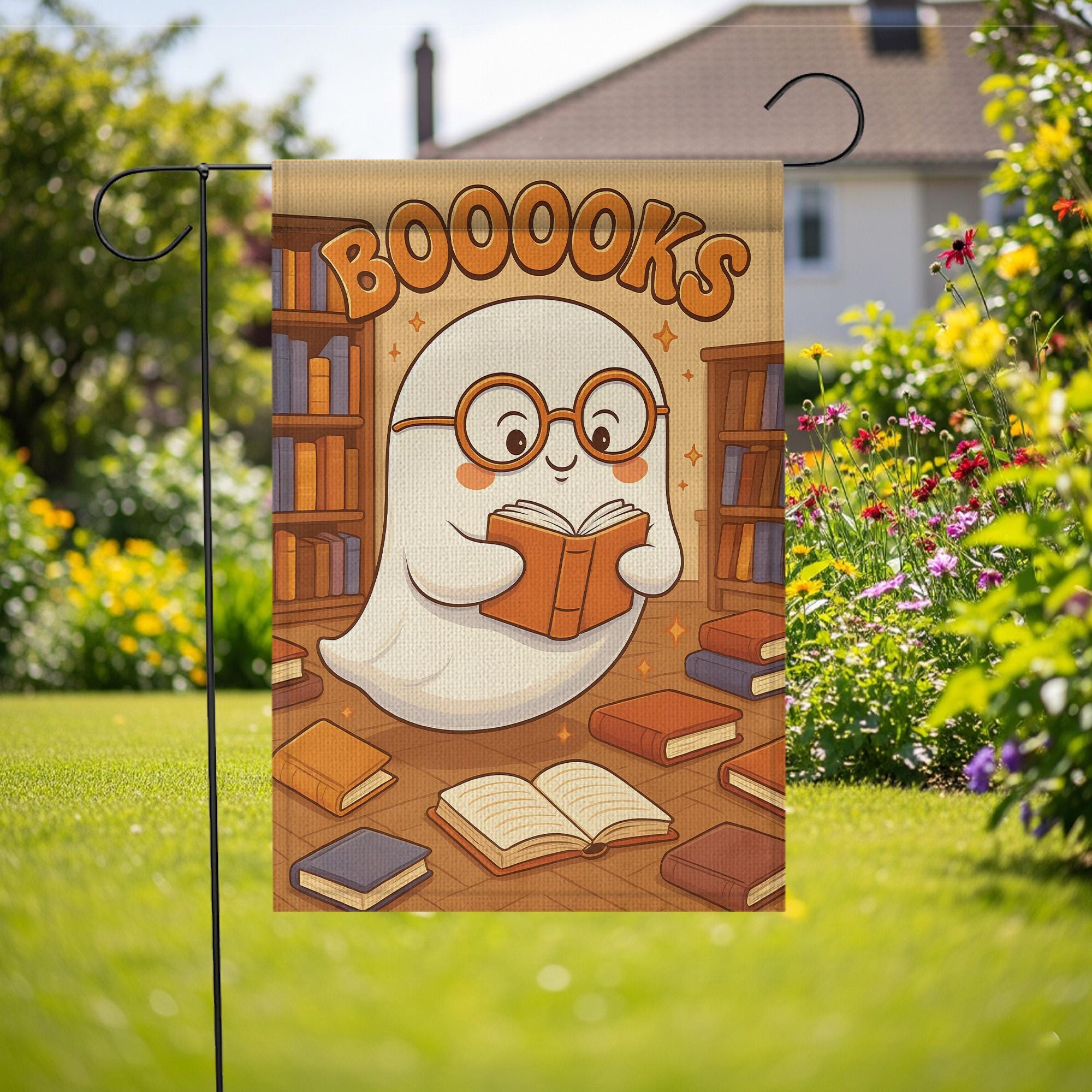 Booooks Ghost Garden Flag, Cute Halloween Decor for Book Lovers, Spooky Season Bookworm Yard Art, Bookish Porch Sign