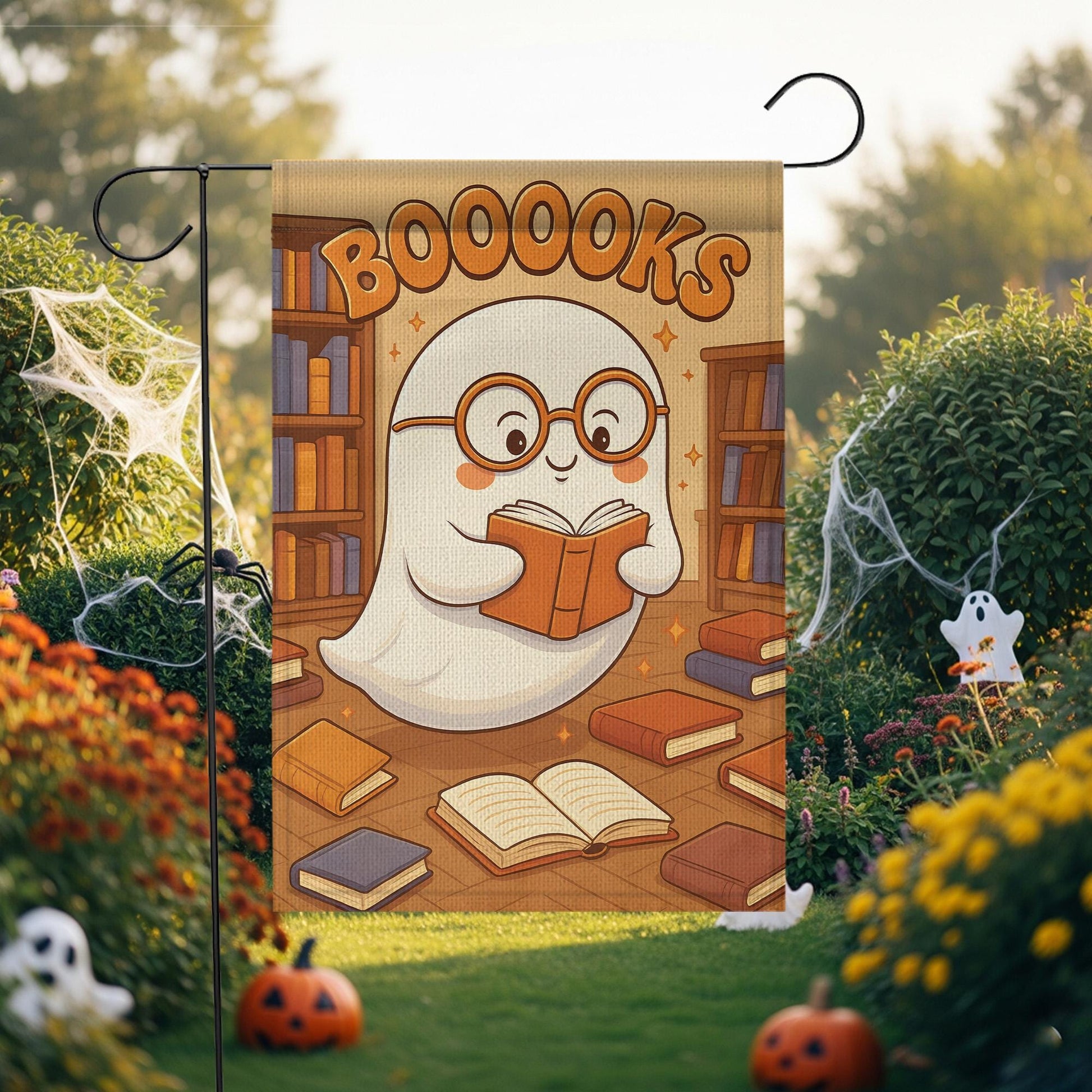Booooks Ghost Garden Flag, Cute Halloween Decor for Book Lovers, Spooky Season Bookworm Yard Art, Bookish Porch Sign