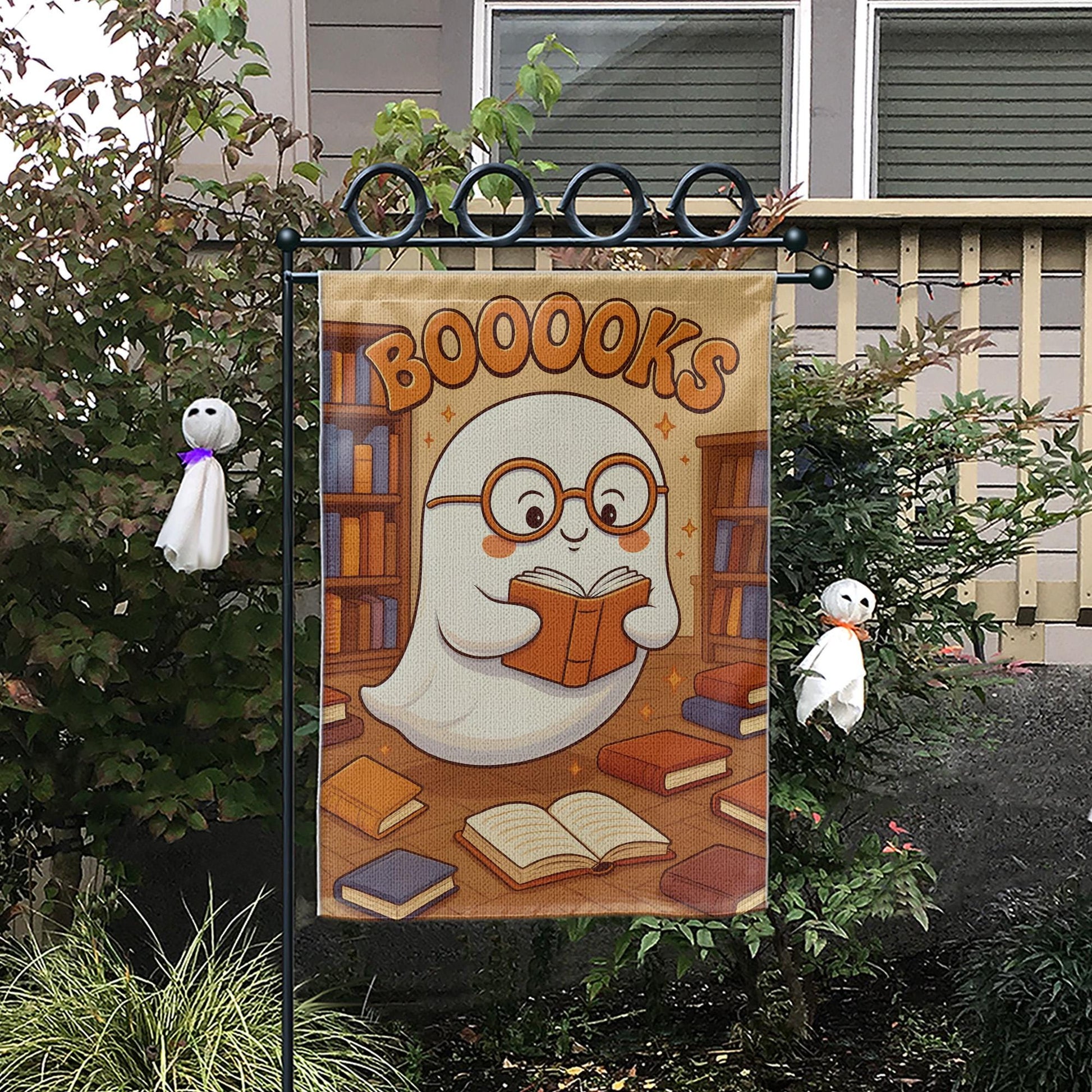Booooks Ghost Garden Flag, Cute Halloween Decor for Book Lovers, Spooky Season Bookworm Yard Art, Bookish Porch Sign