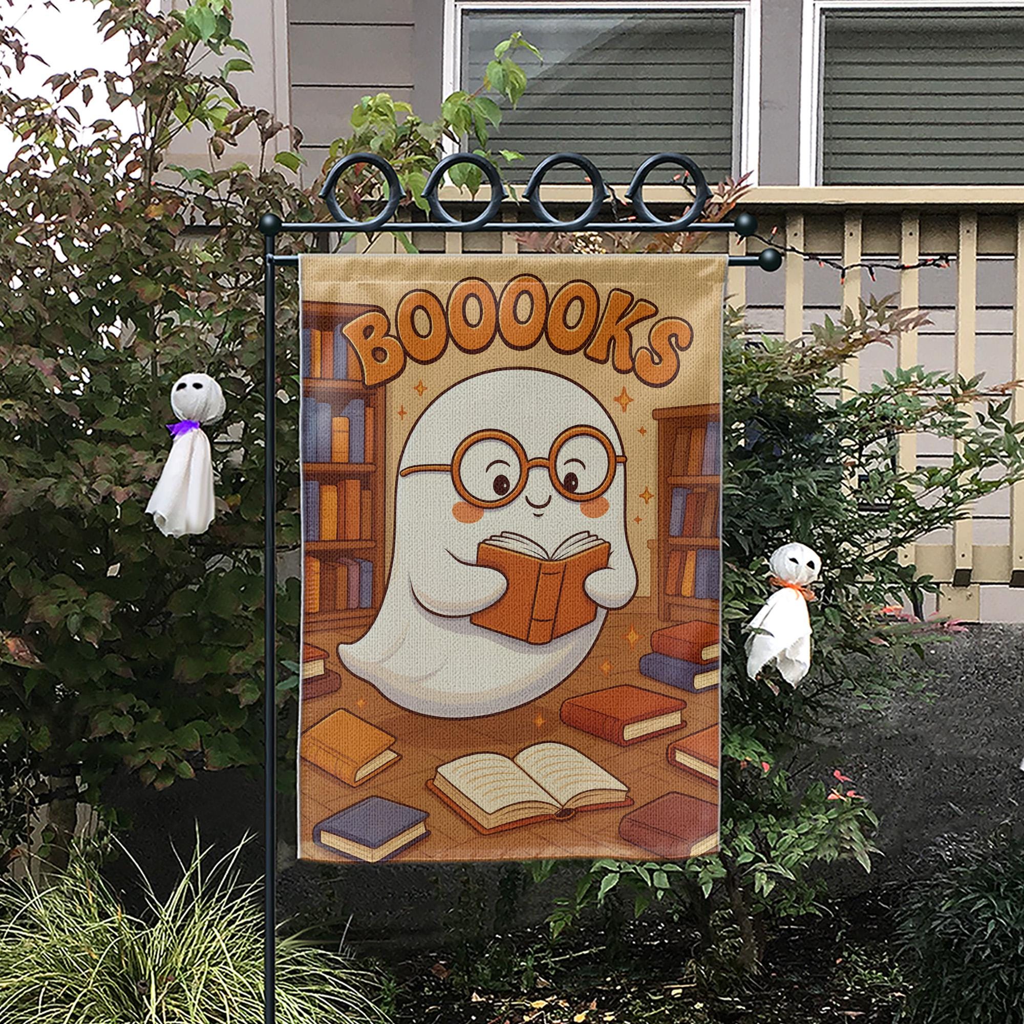 Booooks Ghost Garden Flag, Cute Halloween Decor for Book Lovers, Spooky Season Bookworm Yard Art, Bookish Porch Sign