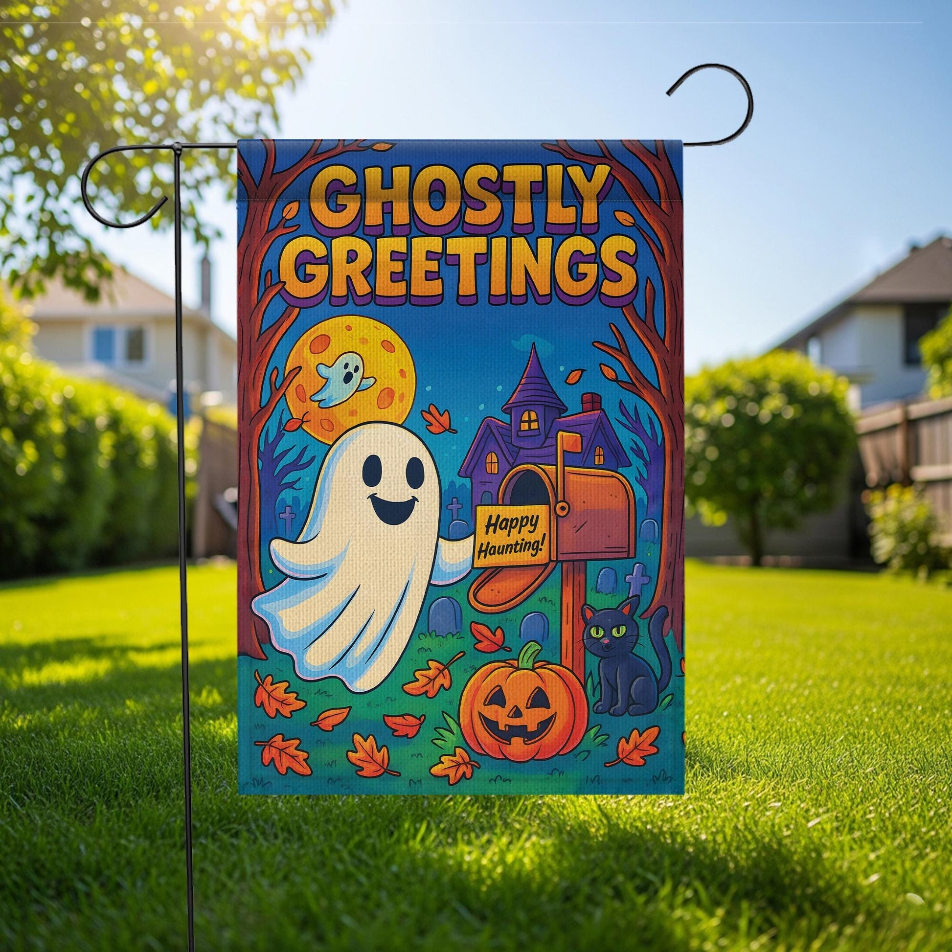 Ghostly Greetings Halloween Garden Flag, Cute Ghost Yard Decor, Spooky Pumpkin & Black Cat Welcome Banner, Outdoor Fall Decoration