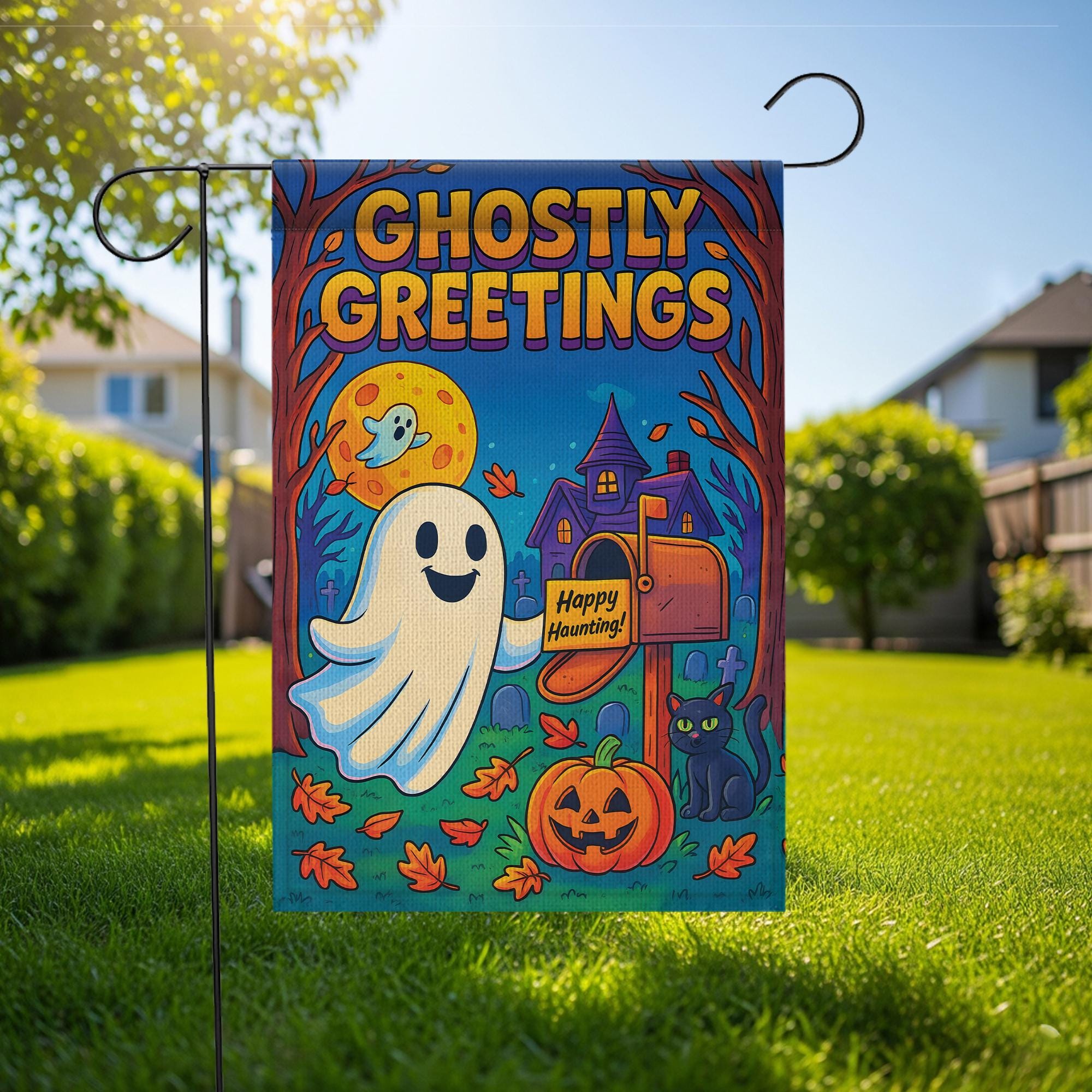 Ghostly Greetings Halloween Garden Flag, Cute Ghost Yard Decor, Spooky Pumpkin & Black Cat Welcome Banner, Outdoor Fall Decoration