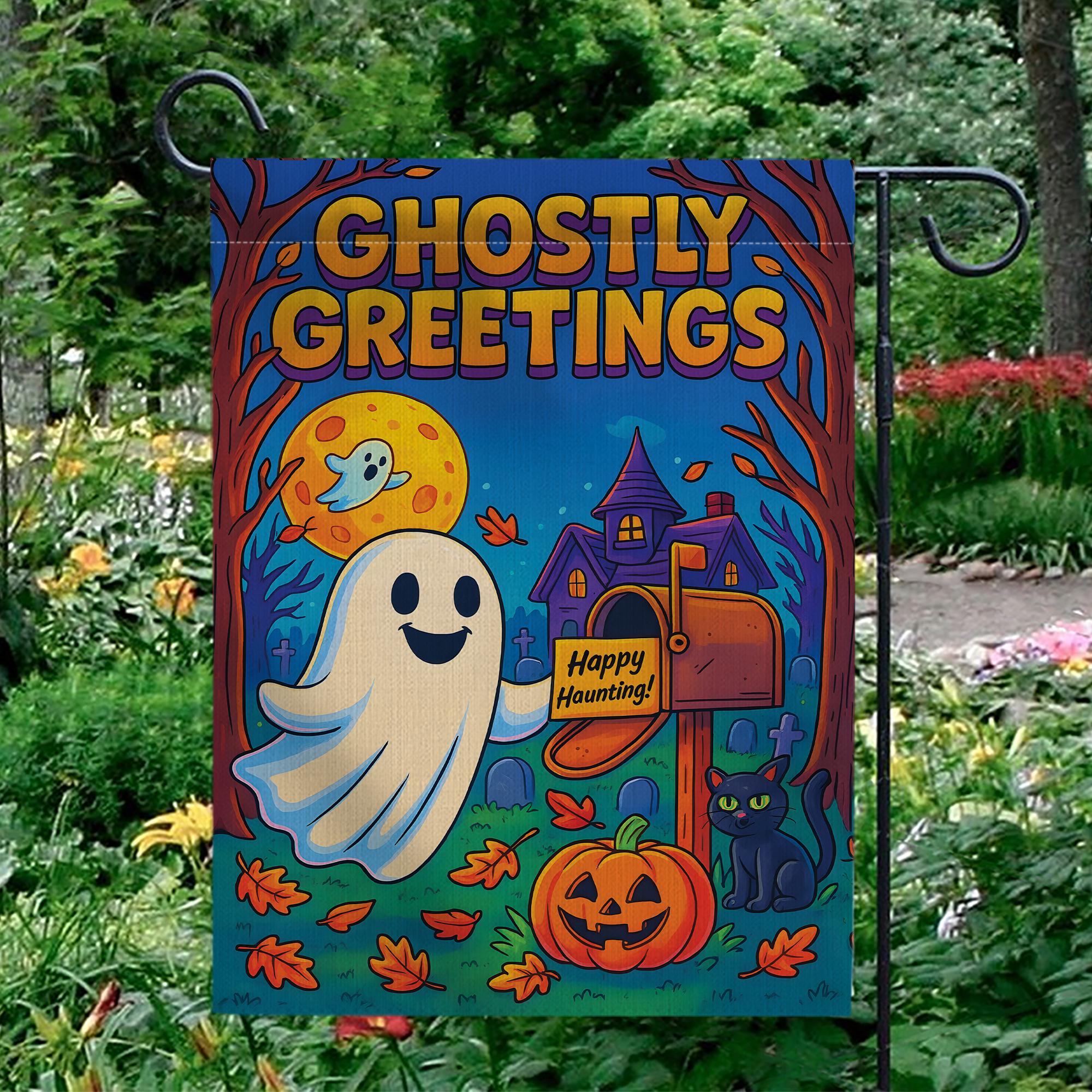 Ghostly Greetings Halloween Garden Flag, Cute Ghost Yard Decor, Spooky Pumpkin & Black Cat Welcome Banner, Outdoor Fall Decoration