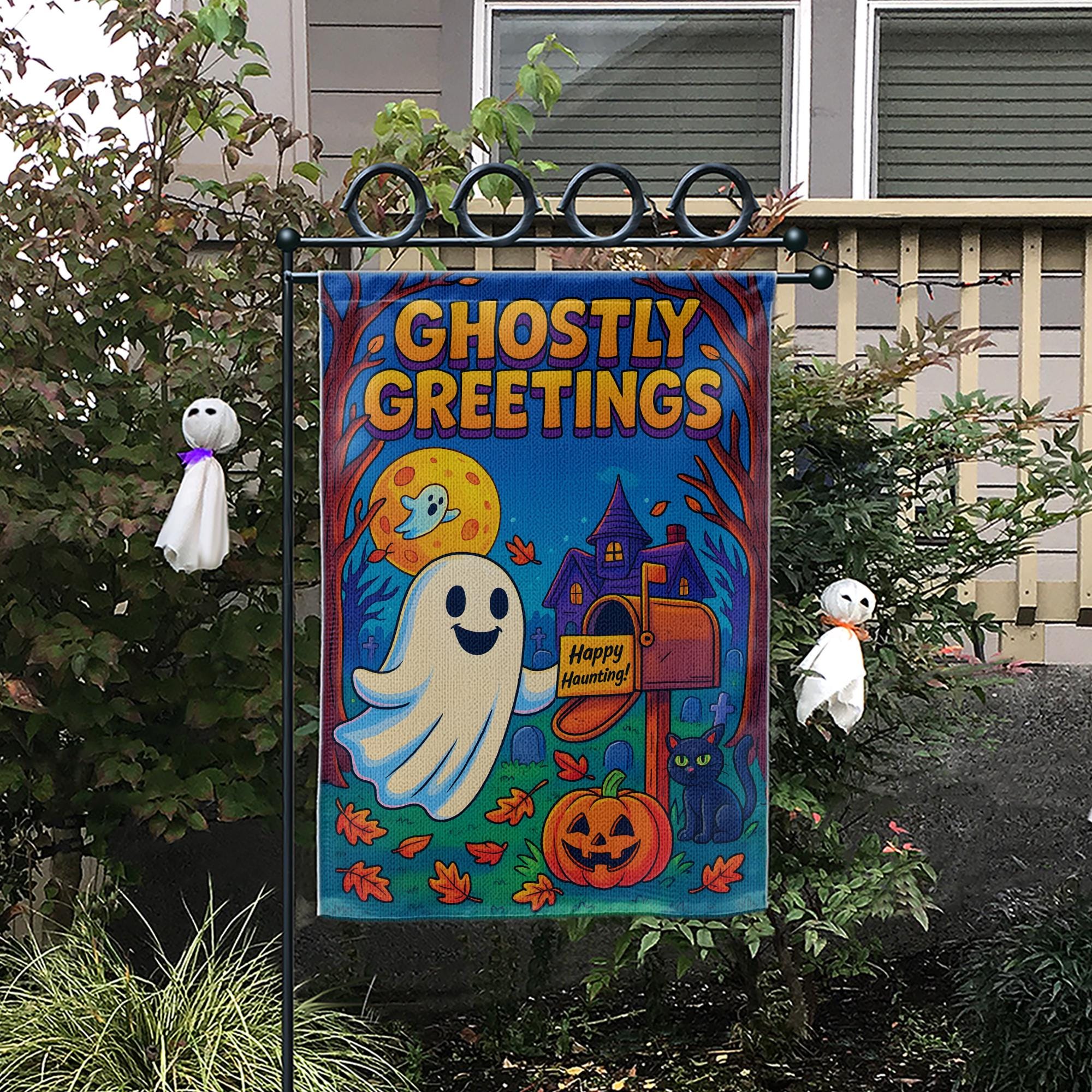 Ghostly Greetings Halloween Garden Flag, Cute Ghost Yard Decor, Spooky Pumpkin & Black Cat Welcome Banner, Outdoor Fall Decoration