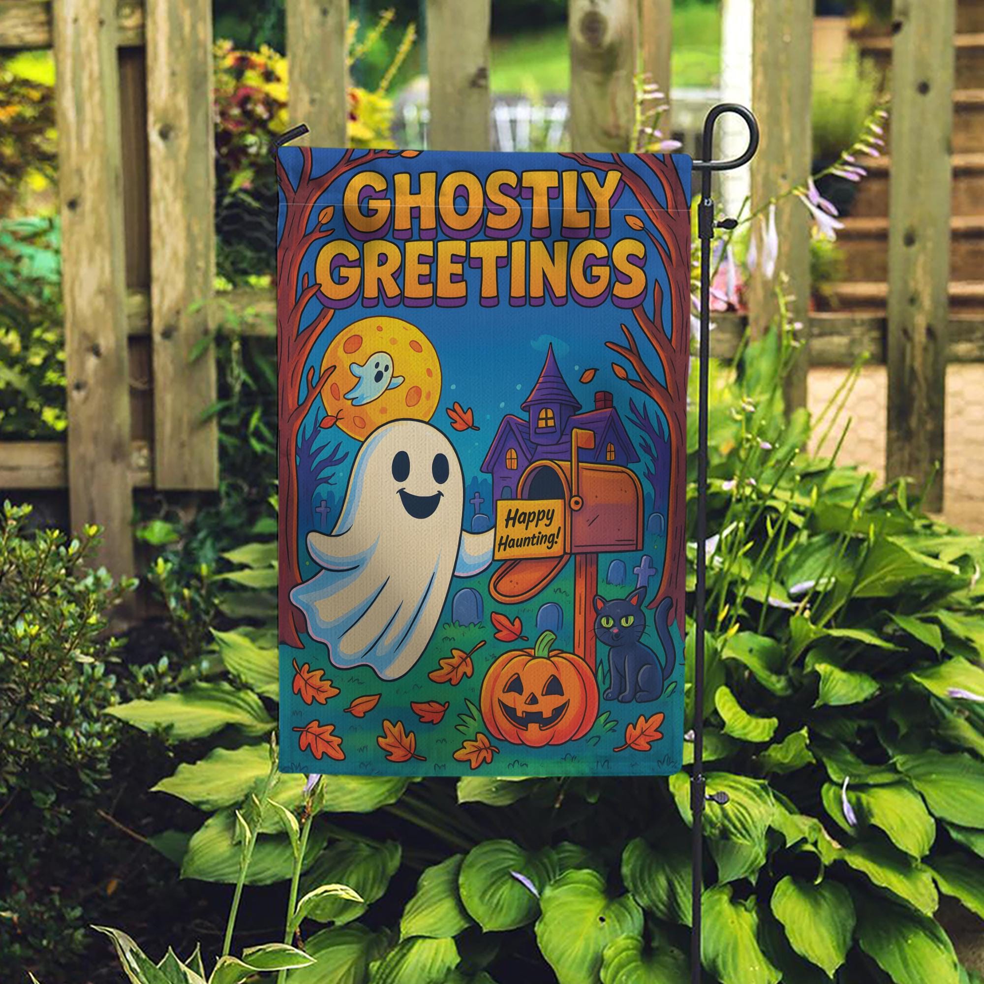 Ghostly Greetings Halloween Garden Flag, Cute Ghost Yard Decor, Spooky Pumpkin & Black Cat Welcome Banner, Outdoor Fall Decoration