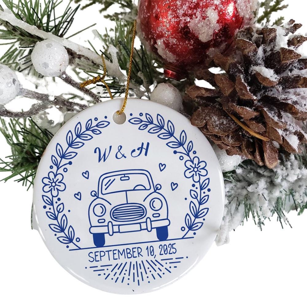 Personalized Wedding Ornament: Vintage Car, Custom Engagement Gift