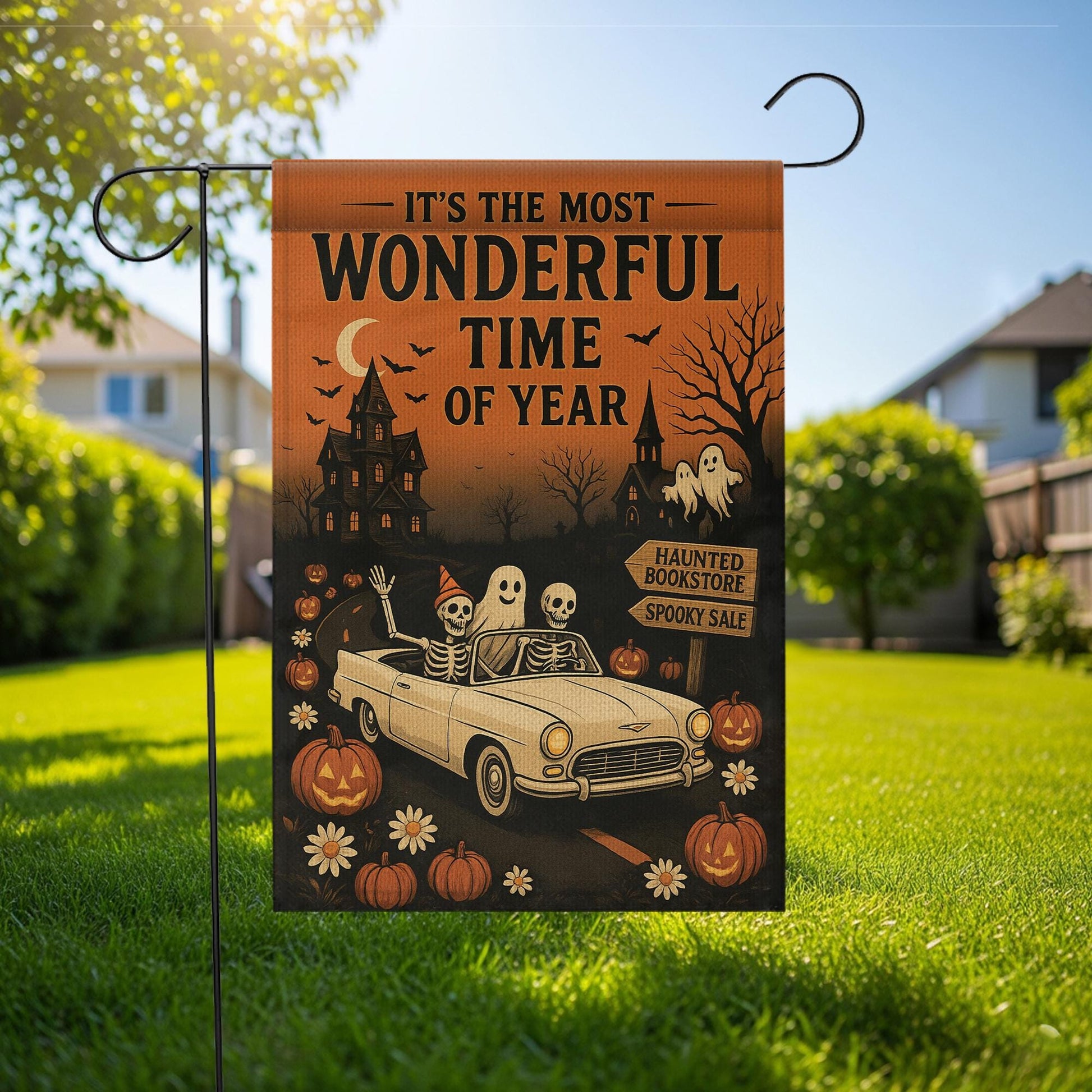 Vintage Halloween Garden Flag: Skeletons, Haunted House, Pumpkins