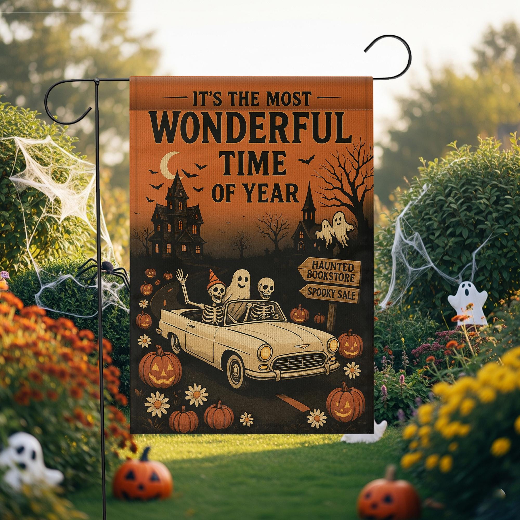 Vintage Halloween Garden Flag: Skeletons, Haunted House, Pumpkins