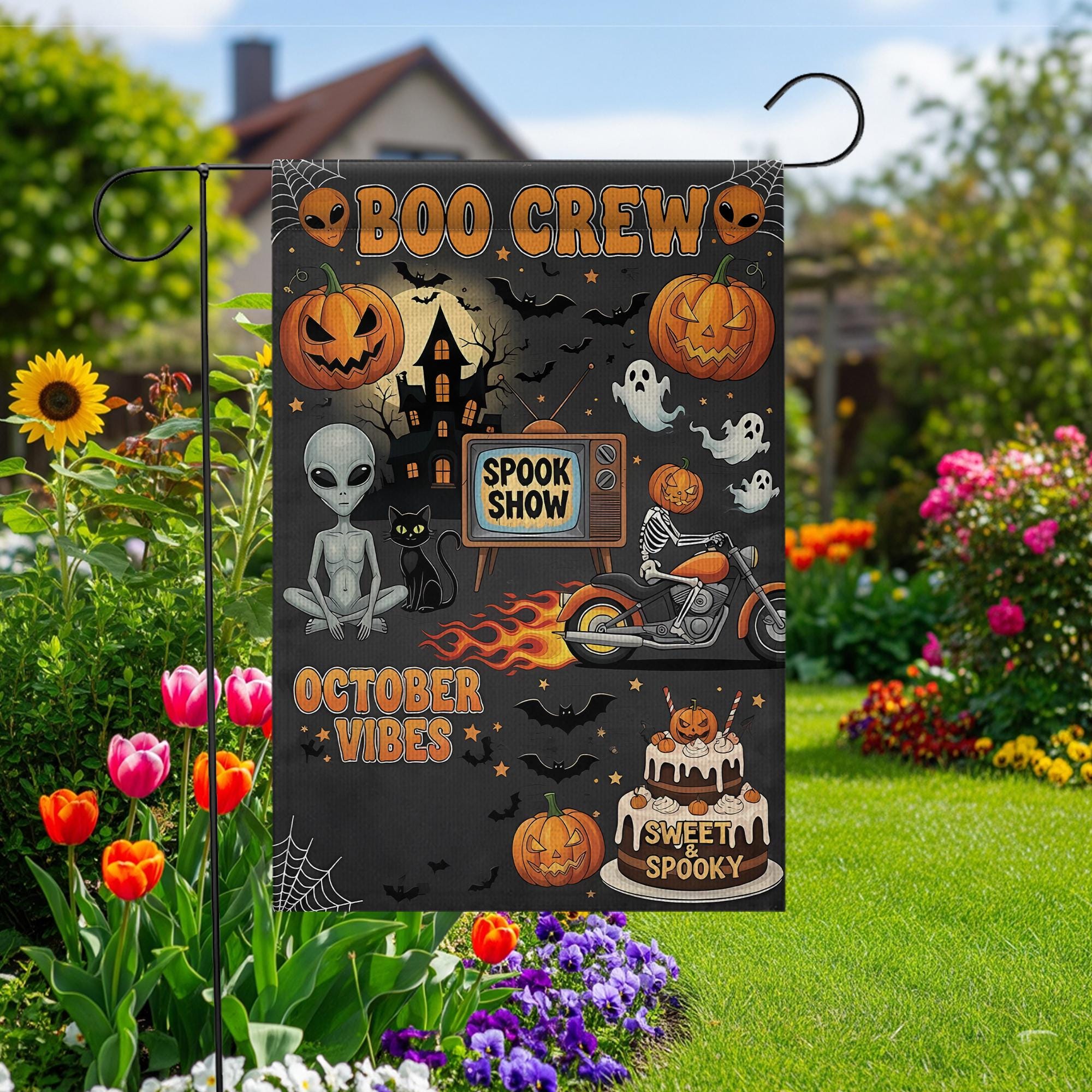 Halloween Garden Flag: Spooky Alien, Pumpkin, Skeleton Motorcycle Decor