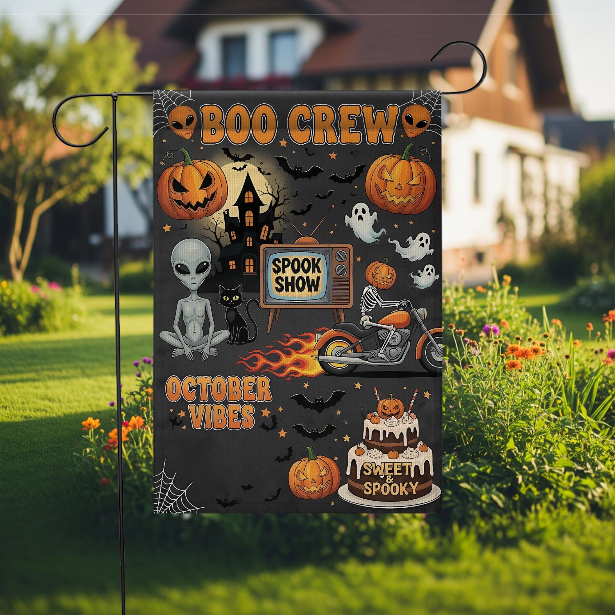 Halloween Garden Flag: Spooky Alien, Pumpkin, Skeleton Motorcycle Decor