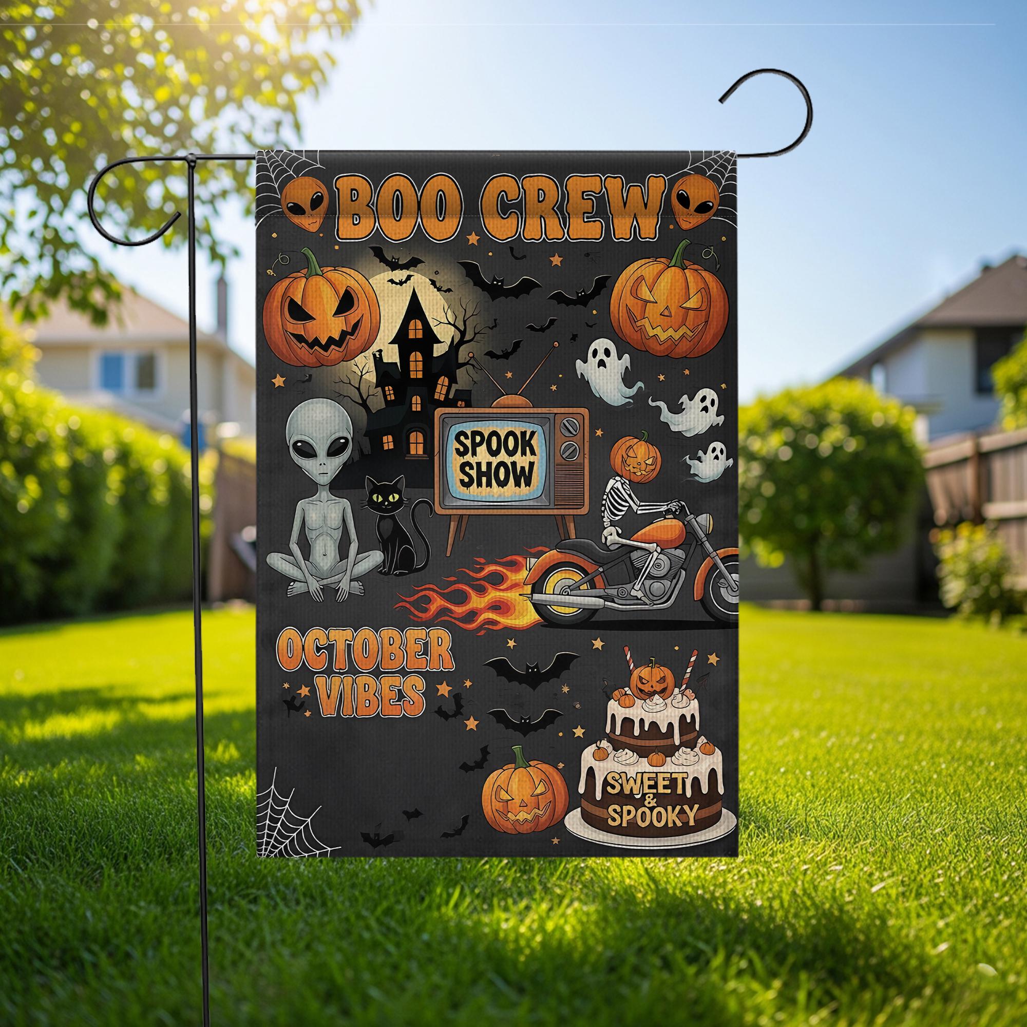 Halloween Garden Flag: Spooky Alien, Pumpkin, Skeleton Motorcycle Decor