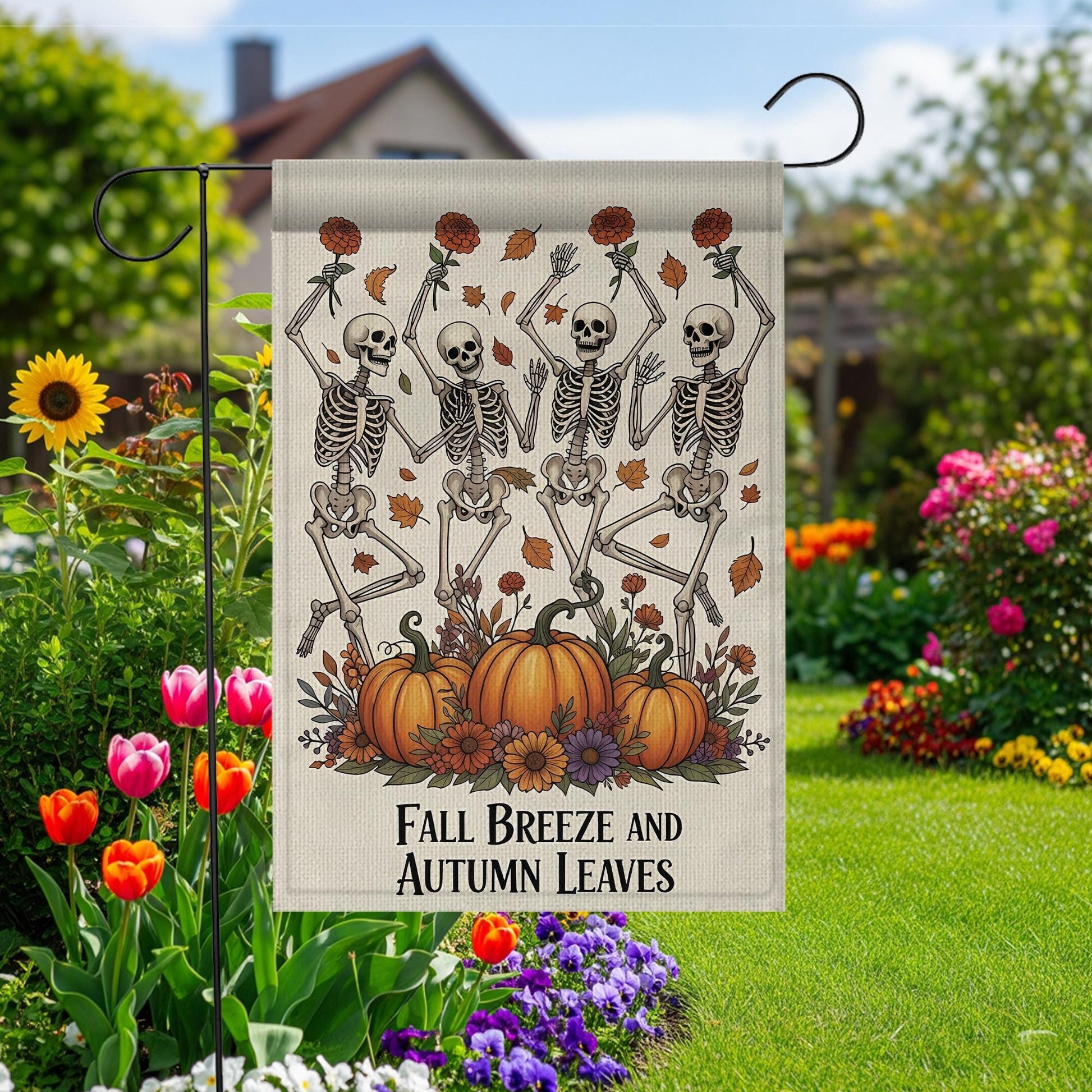 Fall Skeleton Garden Flag: Funny Halloween Yard Decor