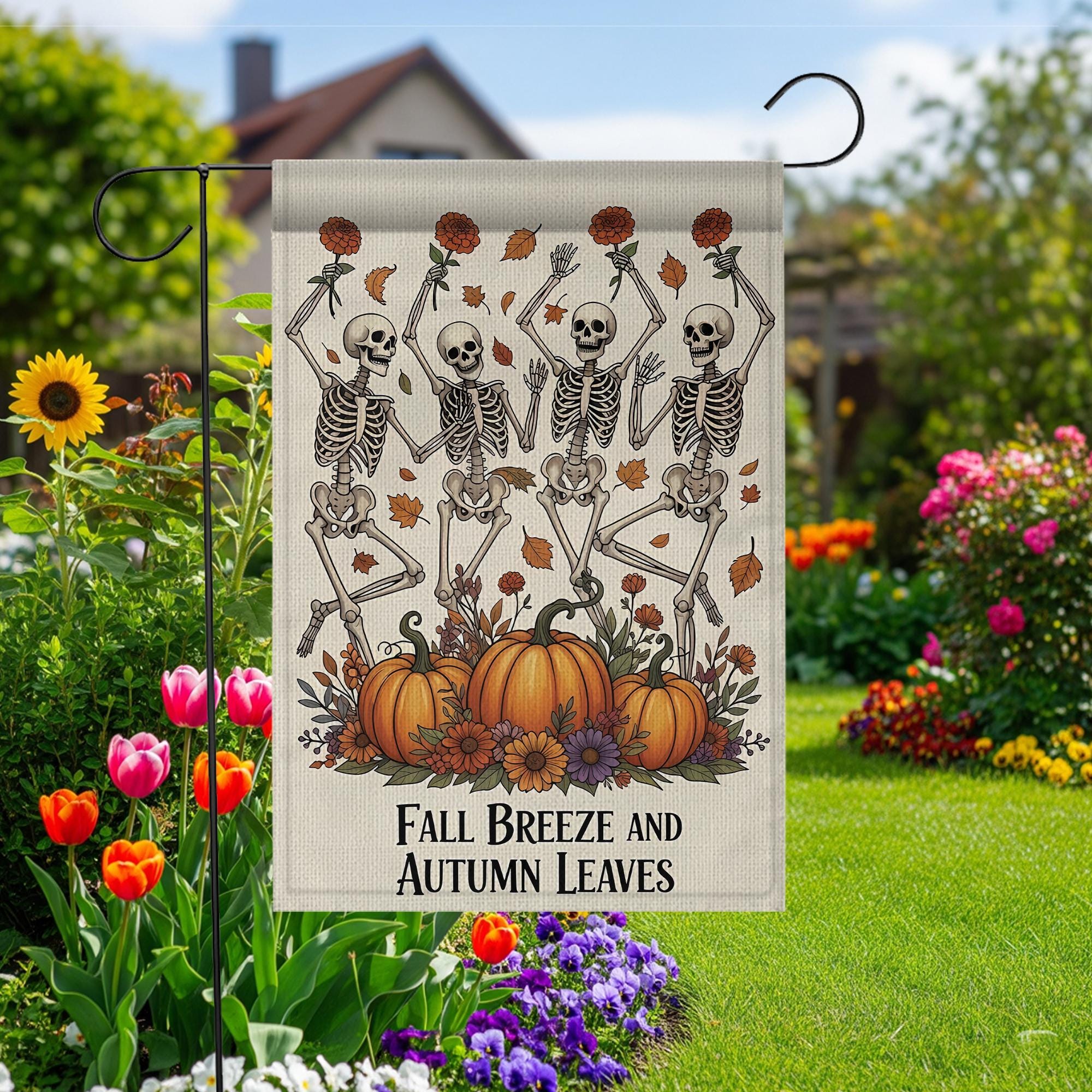 Fall Skeleton Garden Flag: Funny Halloween Yard Decor