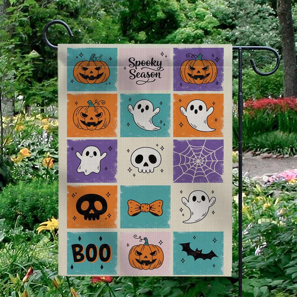 Halloween Garden Flag, Spooky Season Yard Flag, Cute Ghost & Pumpkin Decor, Fall Outdoor Art, Boo Welcome Flag, Autumn Porch Decor