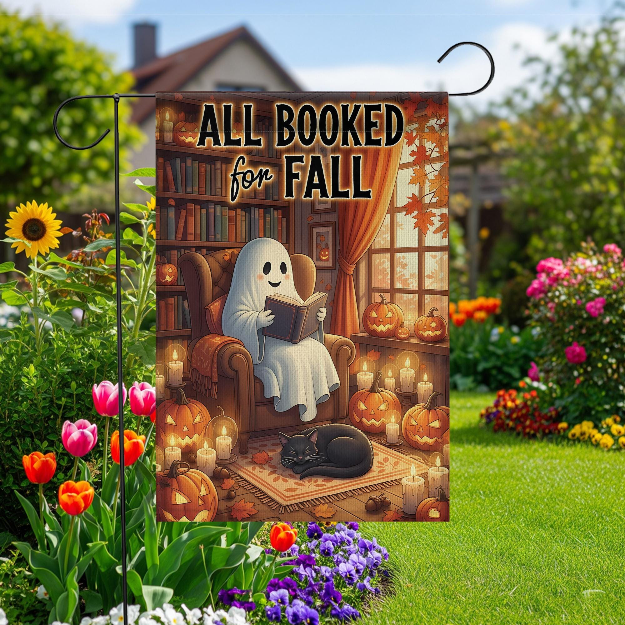 Fall Garden Flag: Cozy Ghost Reading Halloween Bookshelf Decor