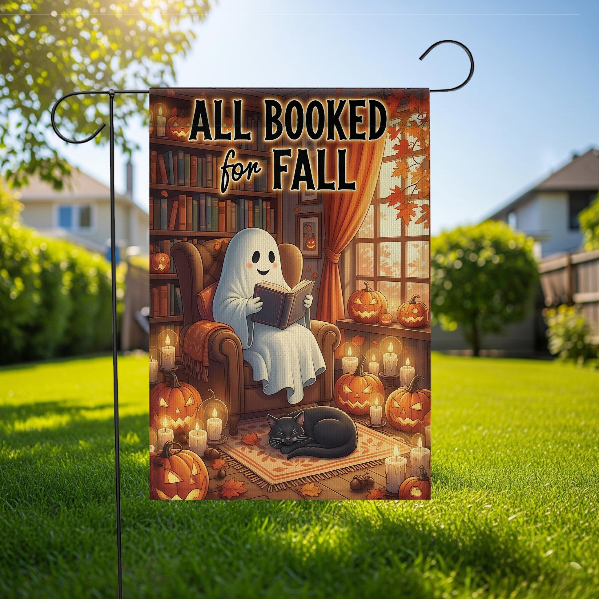 Fall Garden Flag: Cozy Ghost Reading Halloween Bookshelf Decor