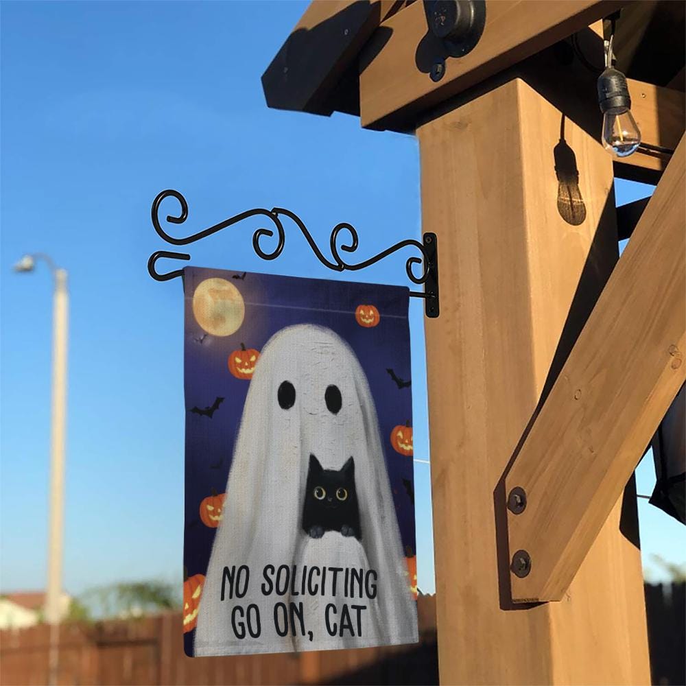 Humorous No Soliciting Garden Flag: Ghost & Cat Halloween Decor