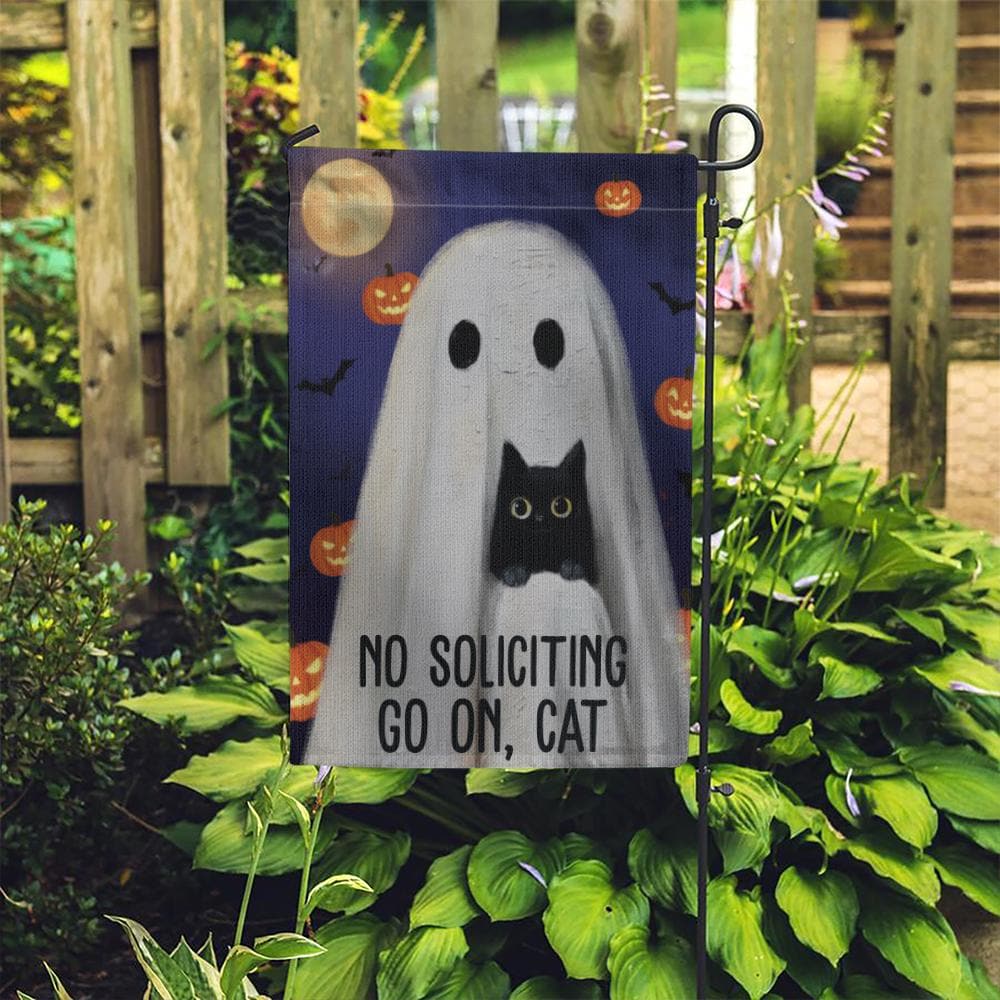 Humorous No Soliciting Garden Flag: Ghost & Cat Halloween Decor