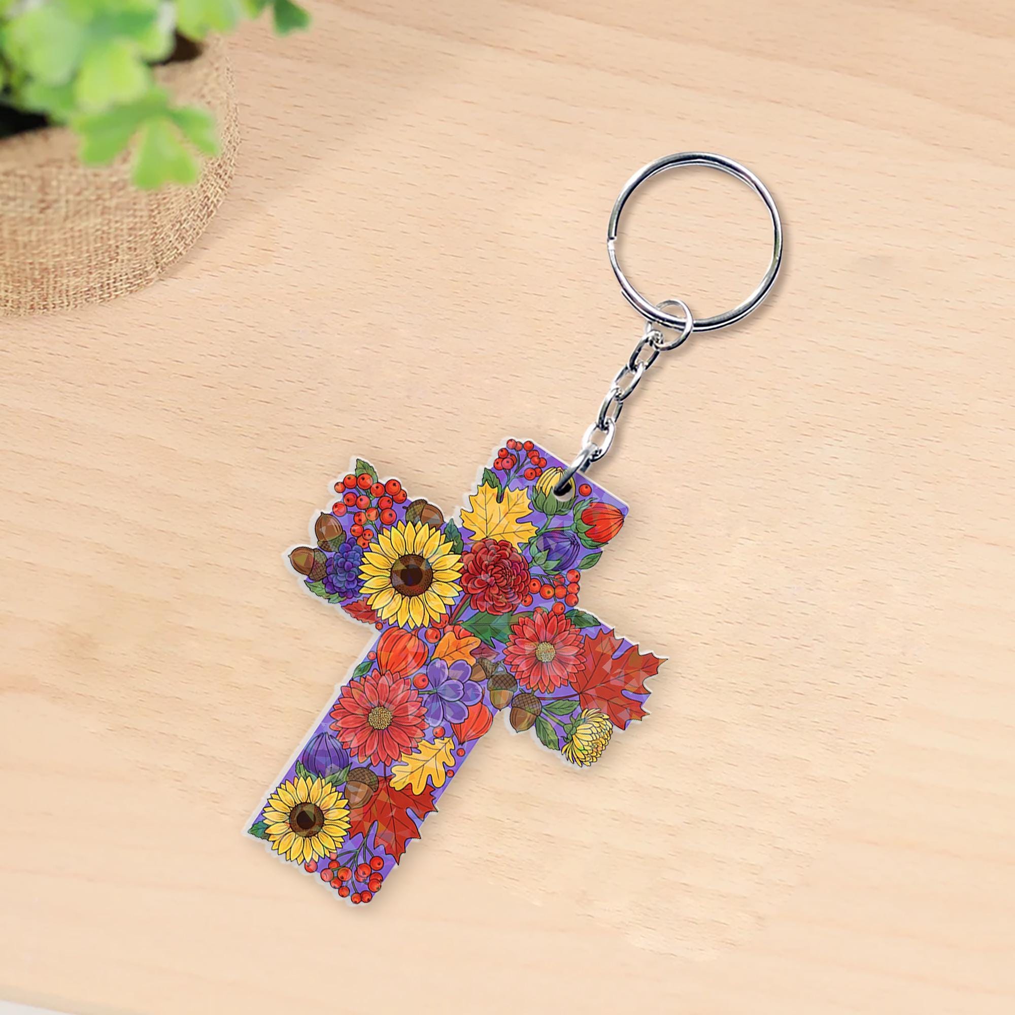 Floral Cross Acrylic Keychain: Christian Religious Gift