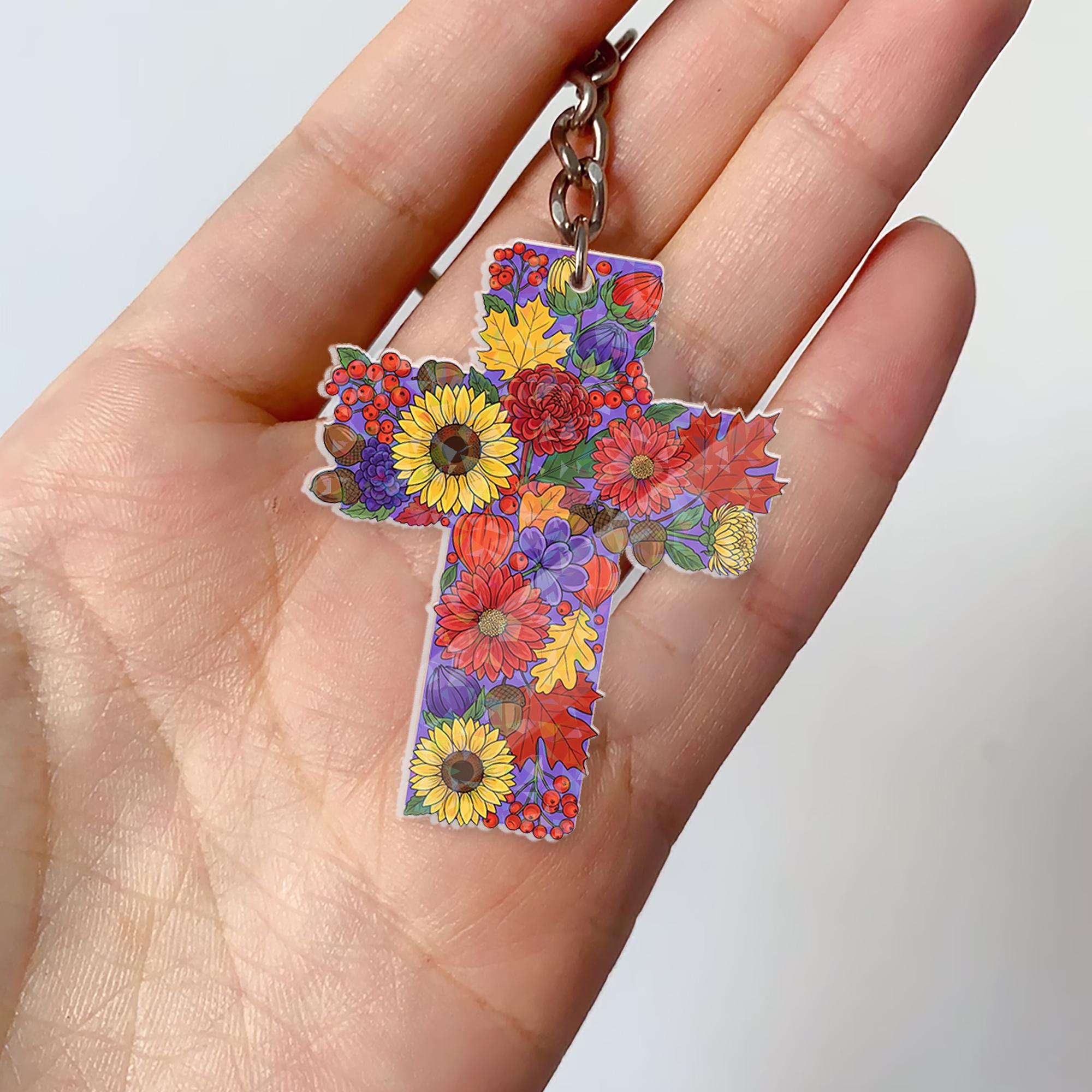 Floral Cross Acrylic Keychain: Christian Religious Gift