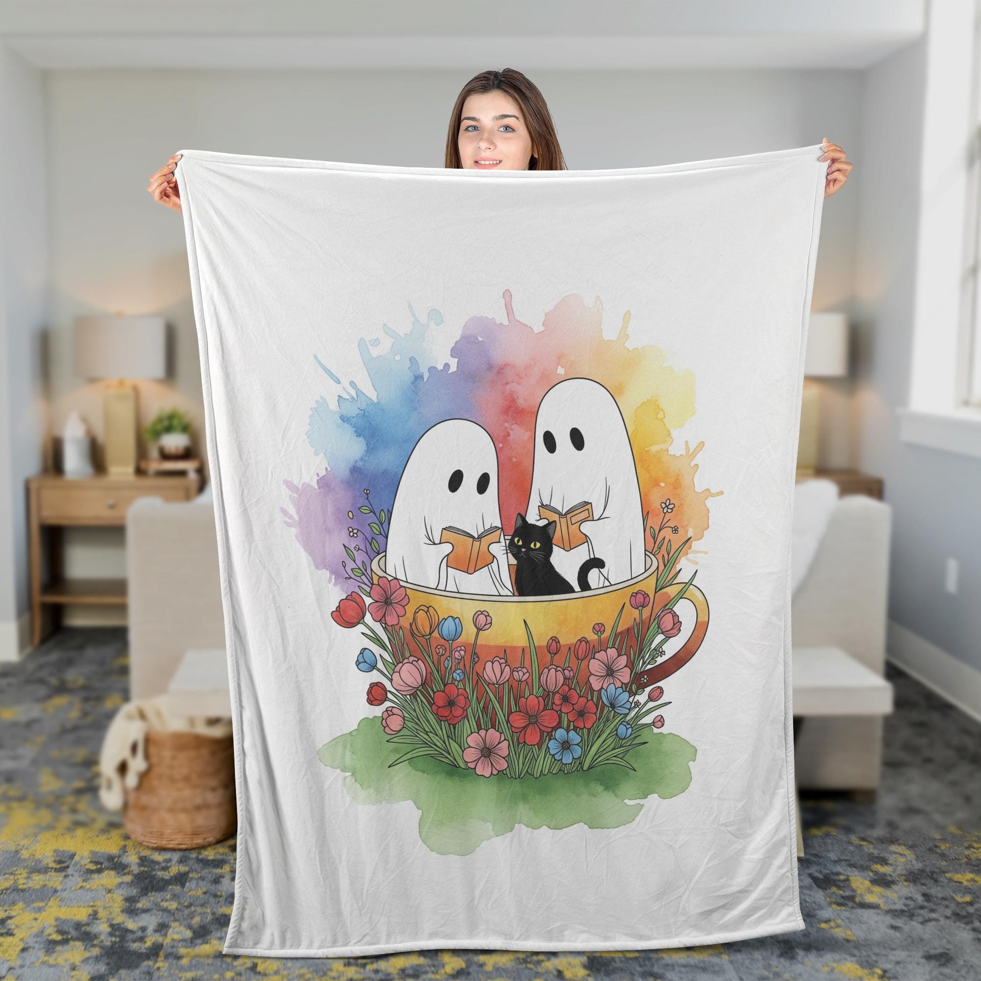 Cute Ghost Blanket with Black Cat & Flowers | Spooky Cozy Throw, Halloween Ghost Decor, Witchy Cat Lover Gift, Gothic Home Blanket