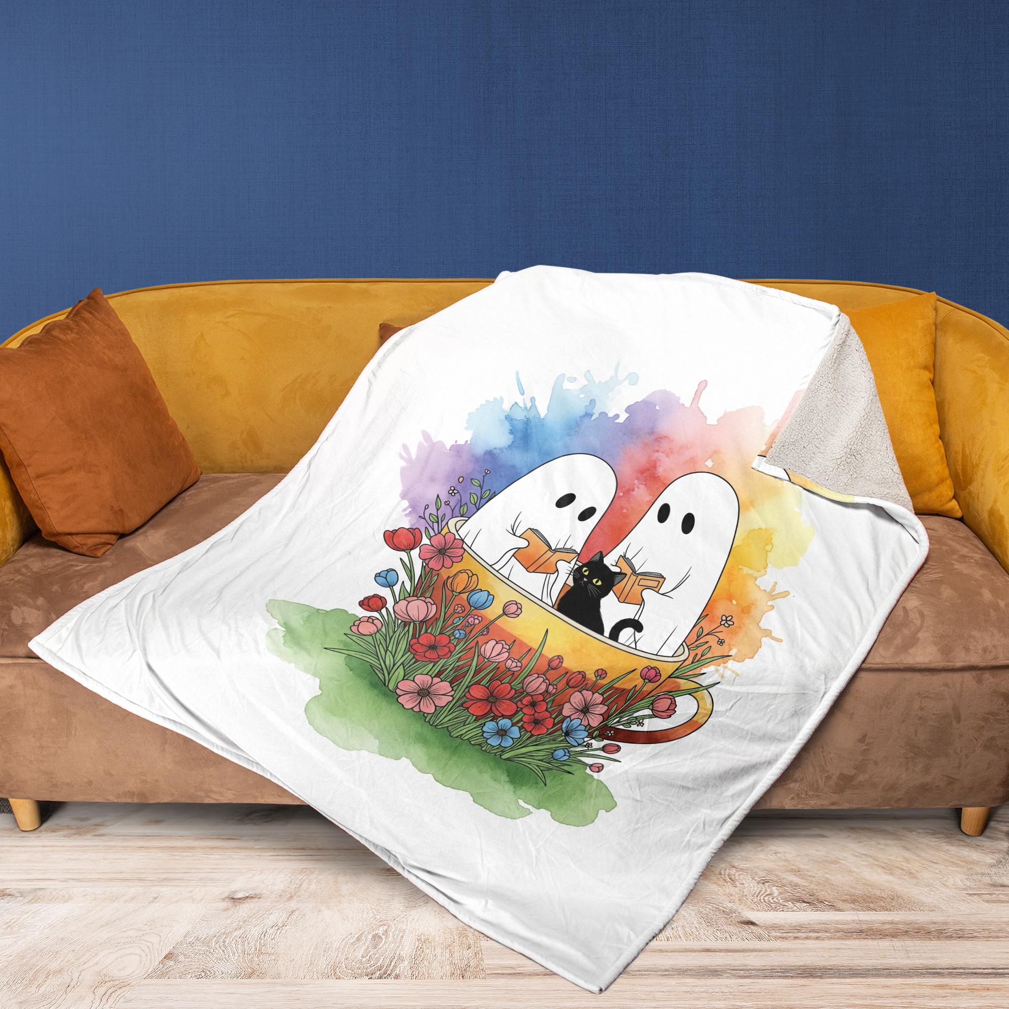 Cute Ghost Blanket with Black Cat & Flowers | Spooky Cozy Throw, Halloween Ghost Decor, Witchy Cat Lover Gift, Gothic Home Blanket