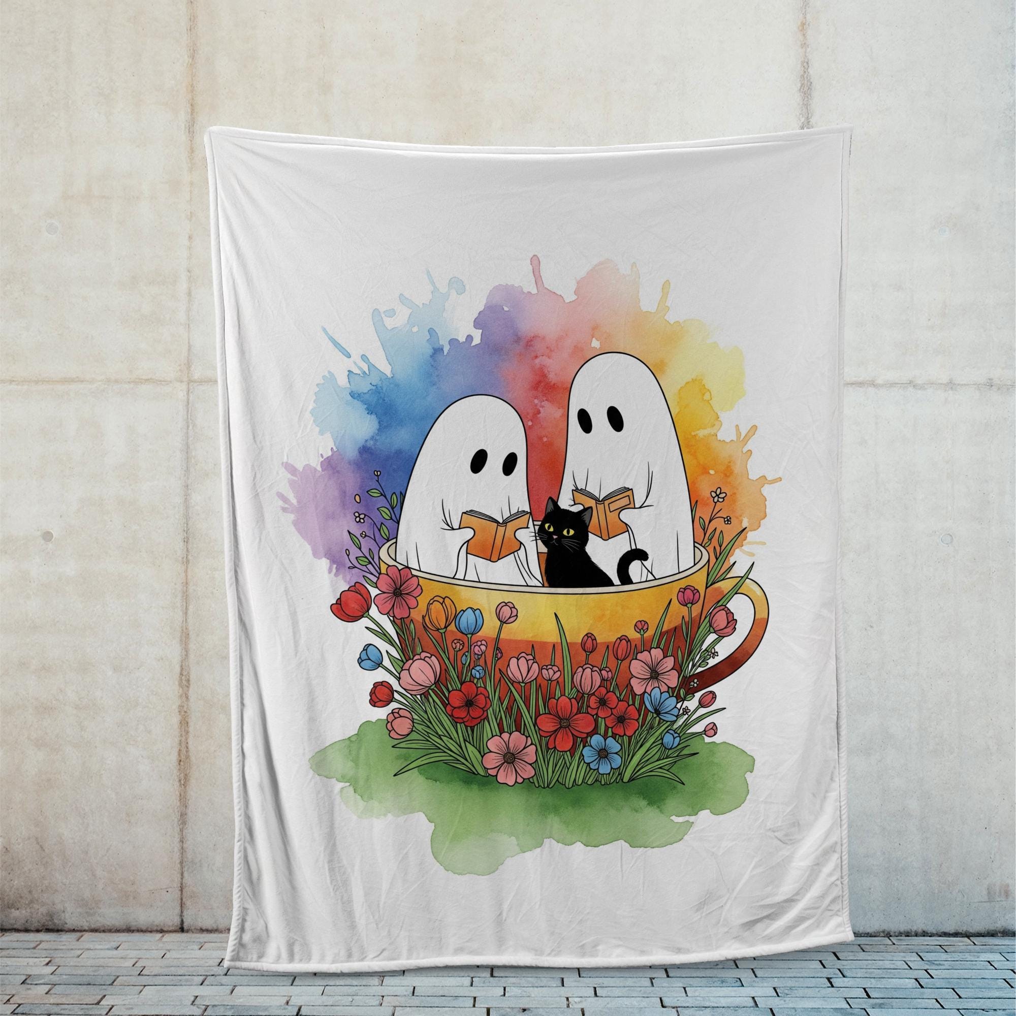 Cute Ghost Blanket with Black Cat & Flowers | Spooky Cozy Throw, Halloween Ghost Decor, Witchy Cat Lover Gift, Gothic Home Blanket
