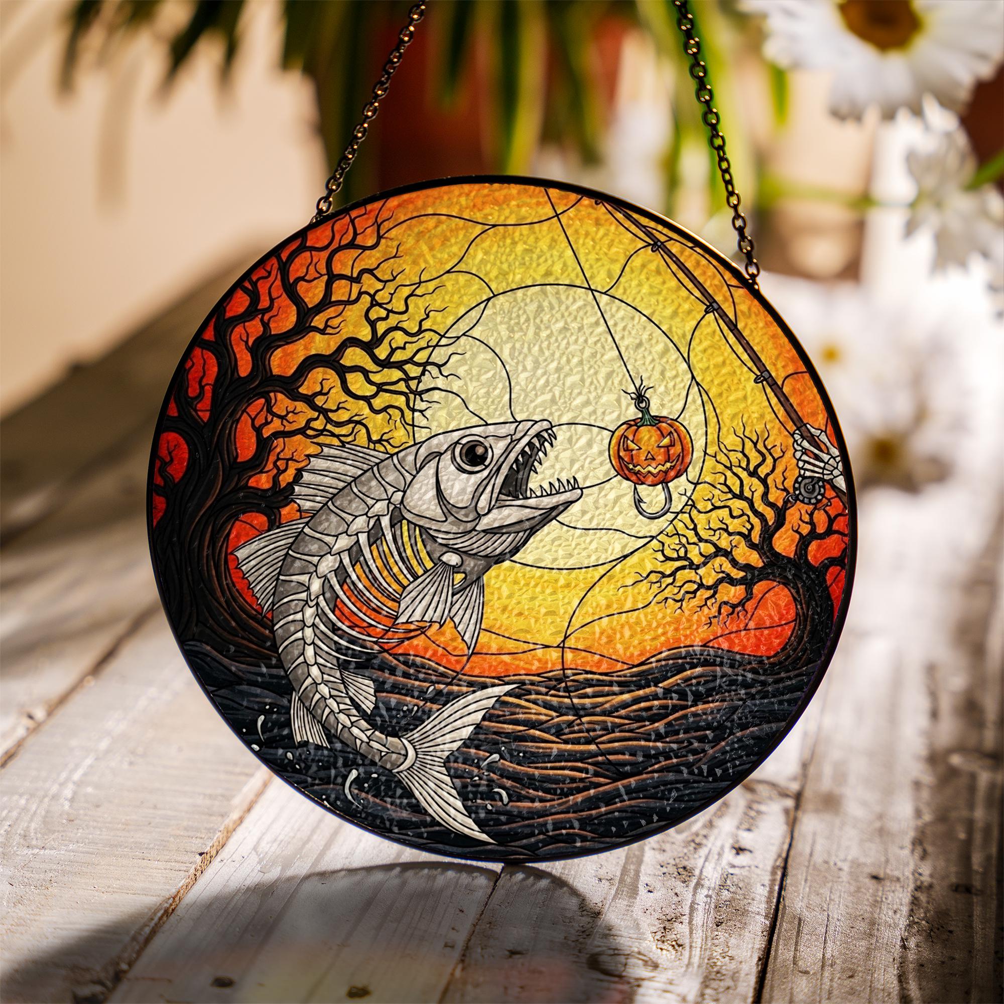 Halloween Fish Skeleton Glass Suncatcher - Pumpkin Lure Spooky Sunset Window Hanging Decor