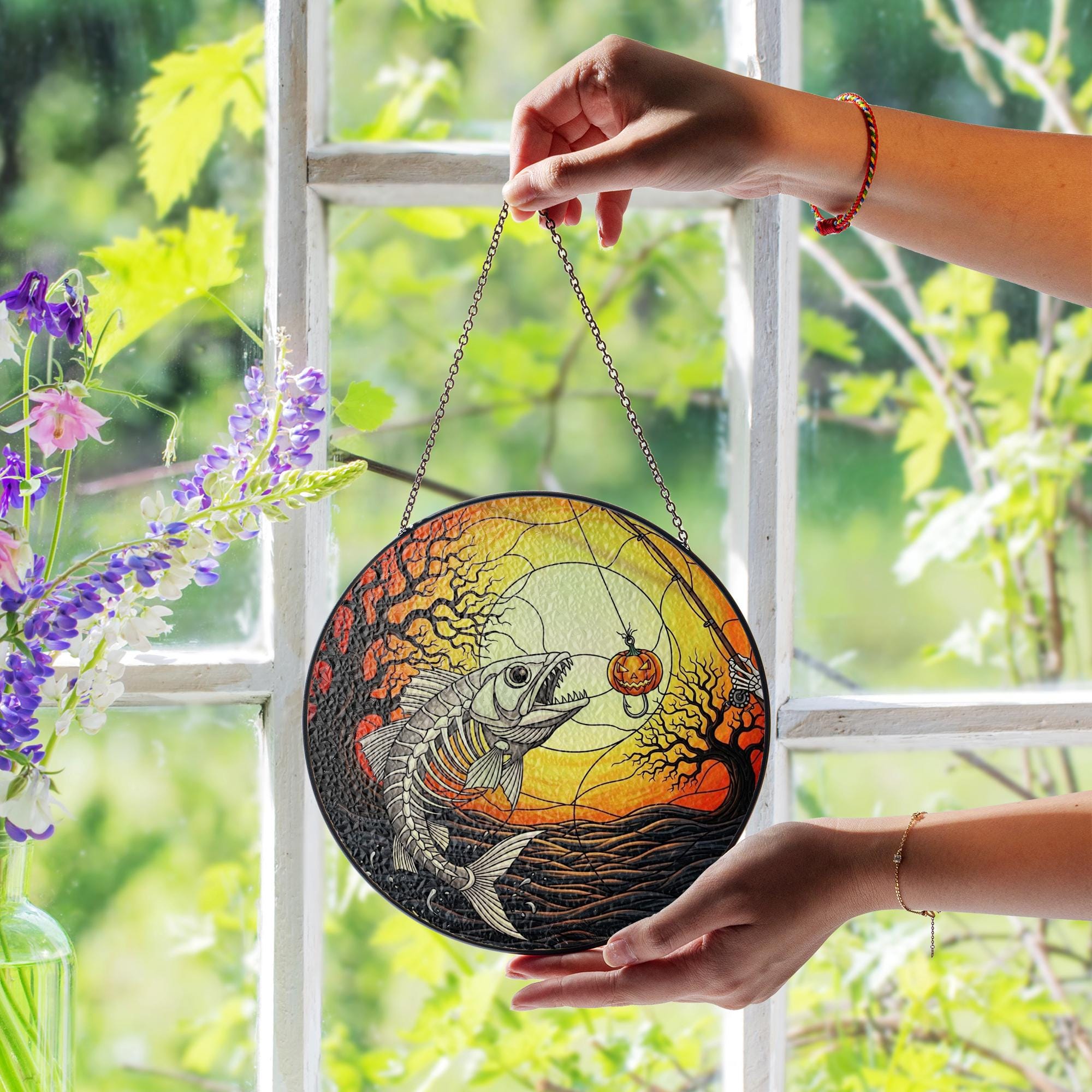 Halloween Fish Skeleton Glass Suncatcher - Pumpkin Lure Spooky Sunset Window Hanging Decor