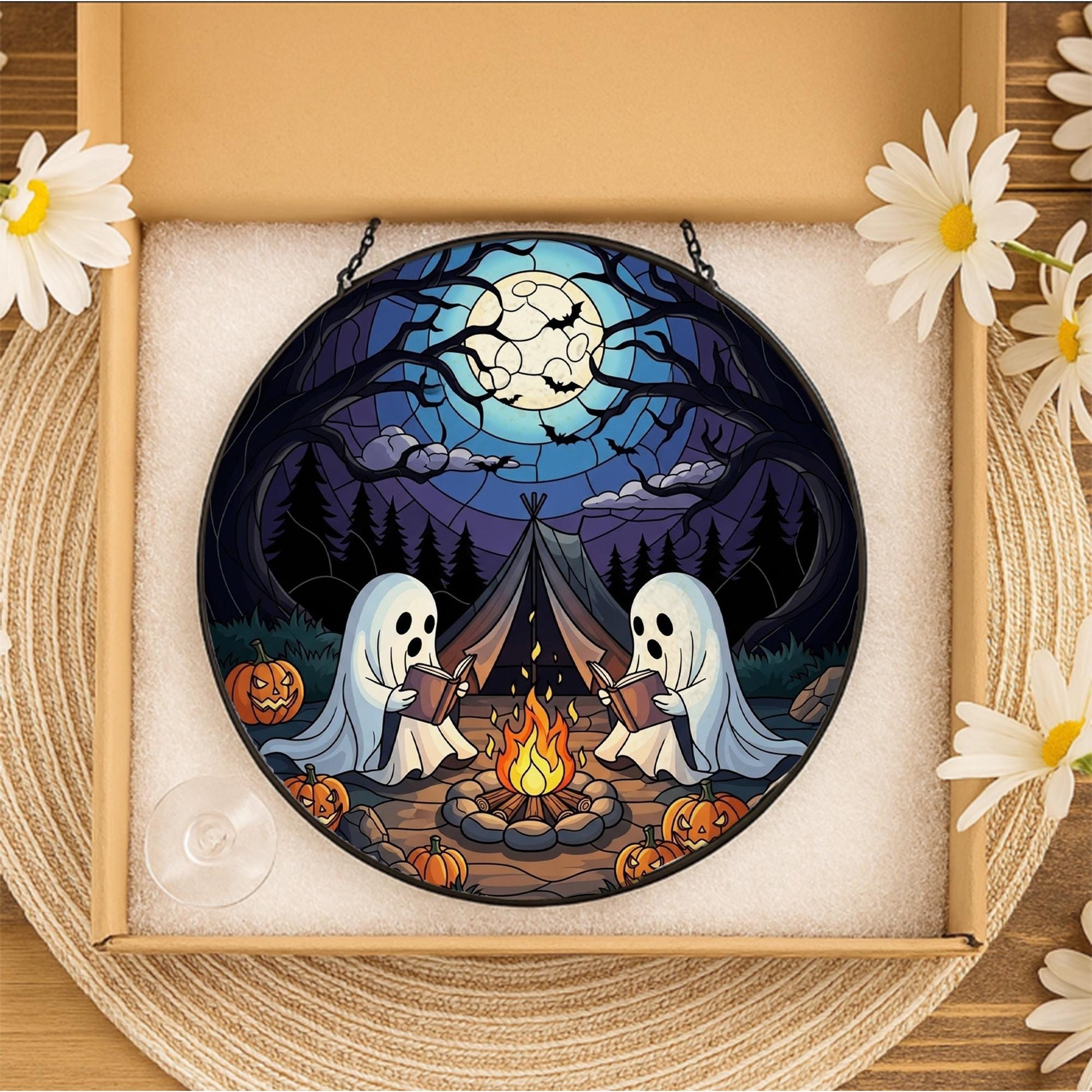 Halloween Ghost Glass Suncatcher - Spooky Campfire Reading Night Moon Pumpkins Window Hanging Decor