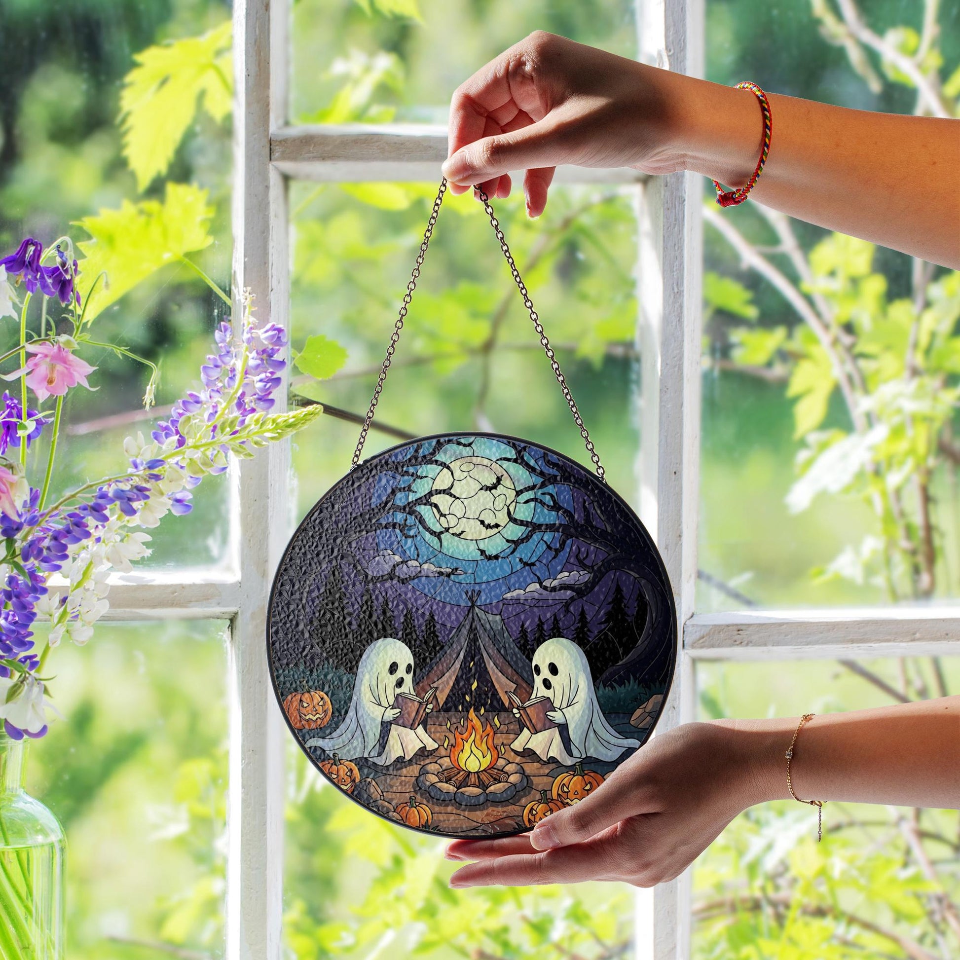 Halloween Ghost Glass Suncatcher - Spooky Campfire Reading Night Moon Pumpkins Window Hanging Decor