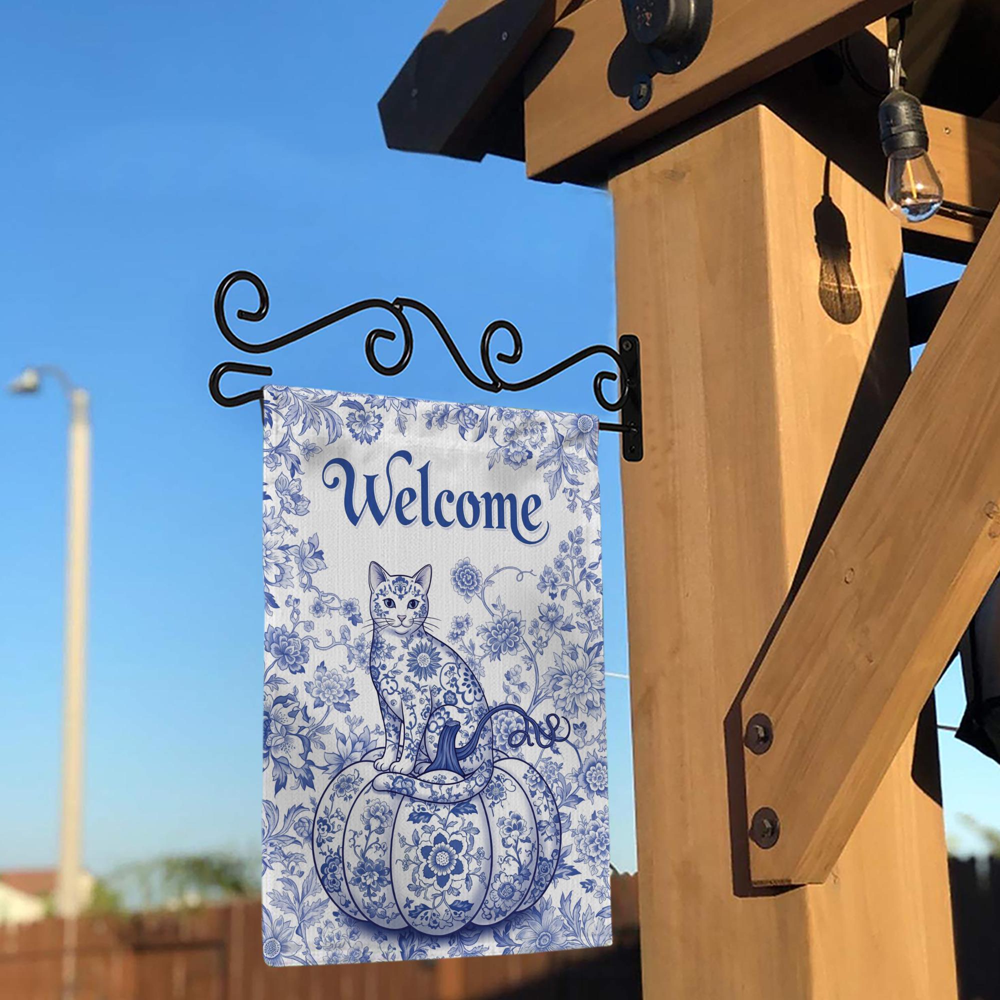 Chinoiserie Cat Pumpkin Garden Flag: Blue Toile Halloween Decor