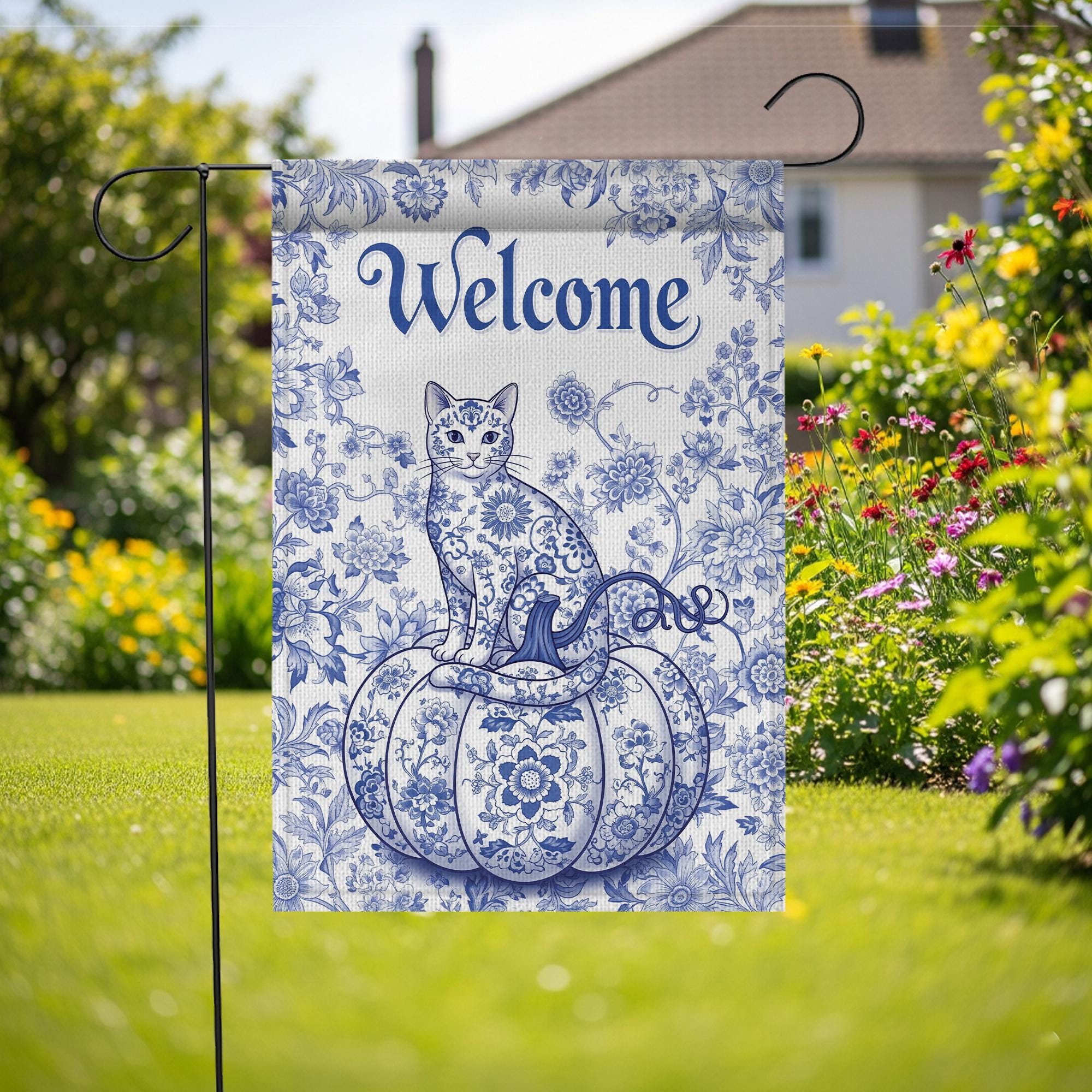 Chinoiserie Cat Pumpkin Garden Flag: Blue Toile Halloween Decor