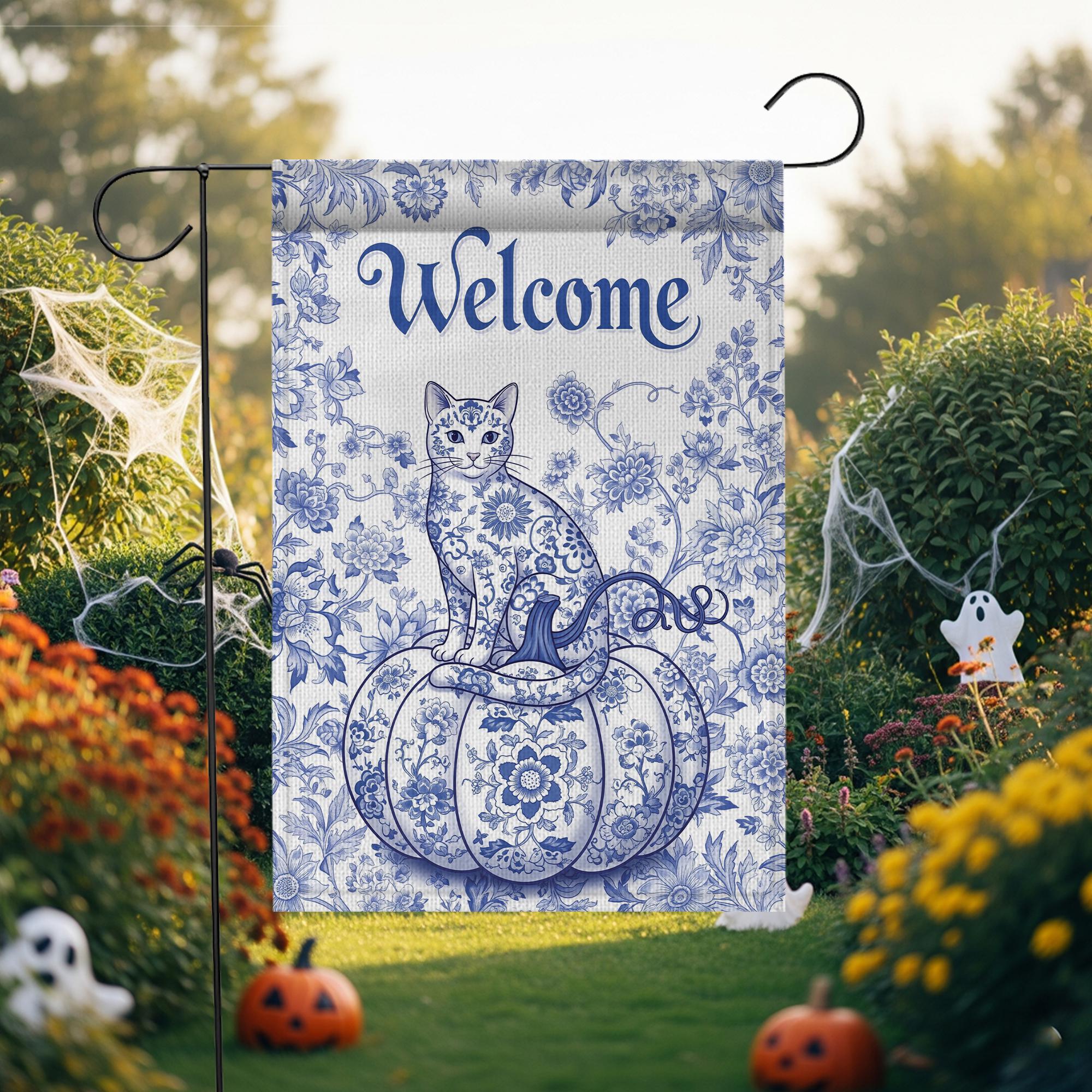 Chinoiserie Cat Pumpkin Garden Flag: Blue Toile Halloween Decor