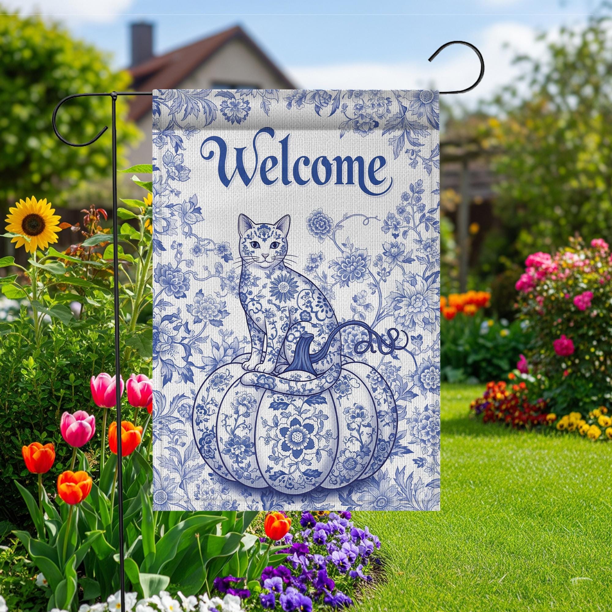 Chinoiserie Cat Pumpkin Garden Flag: Blue Toile Halloween Decor