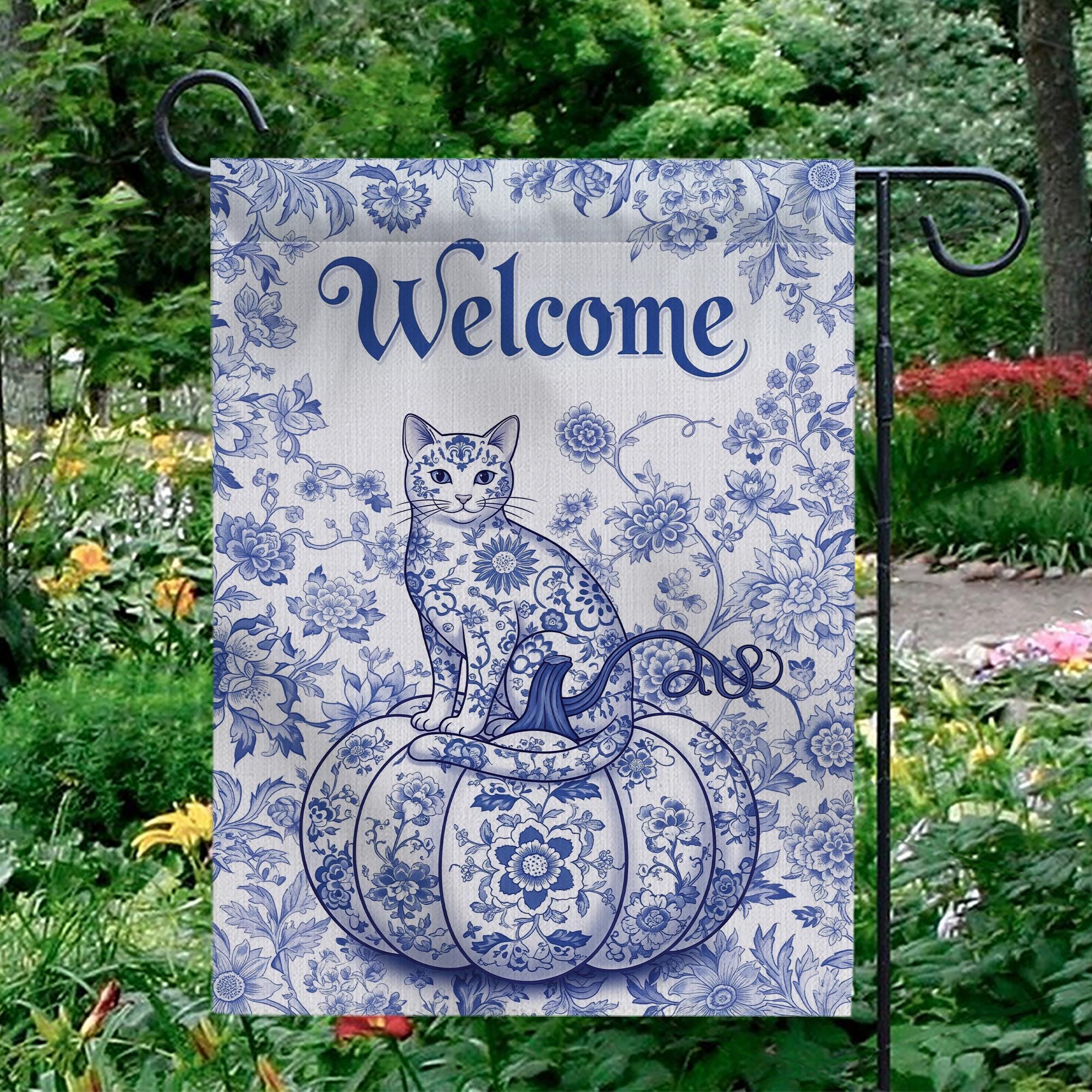 Chinoiserie Cat Pumpkin Garden Flag: Blue Toile Halloween Decor