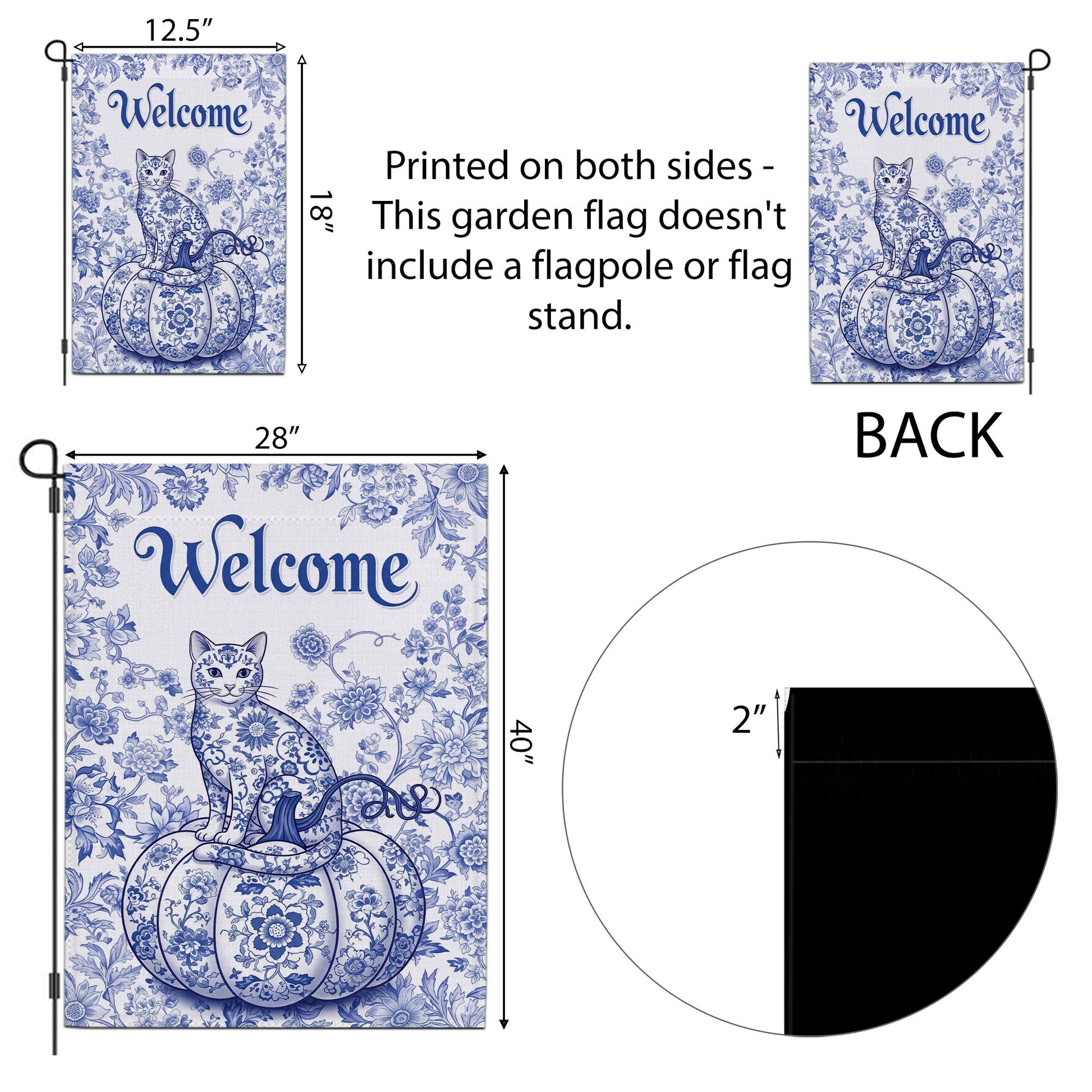 Chinoiserie Cat Pumpkin Garden Flag: Blue Toile Halloween Decor