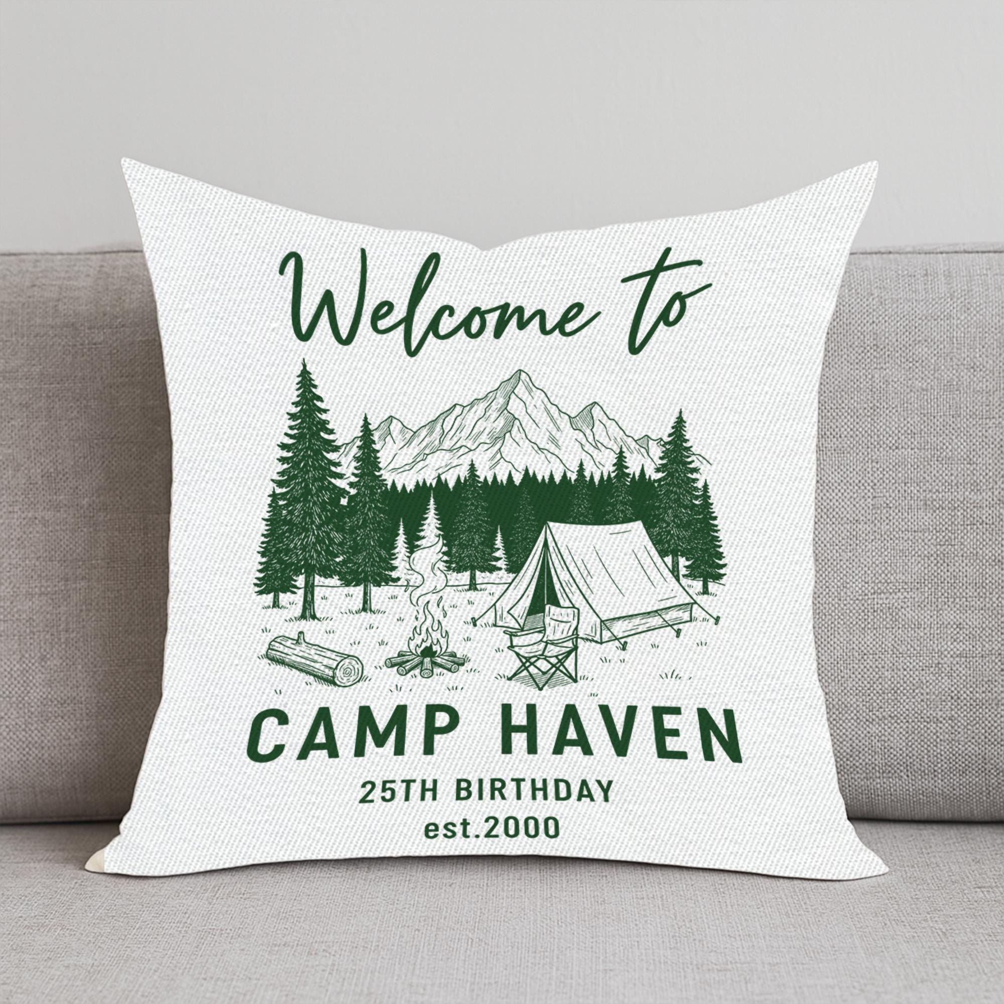 Personalized Camping Pillow: Custom Camp Name & Date, Outdoor Decor