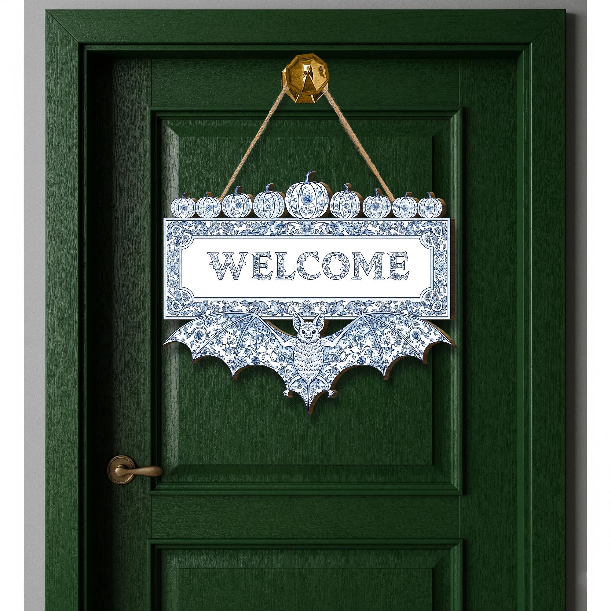 Chinoiserie Halloween Welcome Sign, Blue and White Bat Door Hanger, Elegant Gothic Decor, Spooky Pumpkin Front Door Wreath