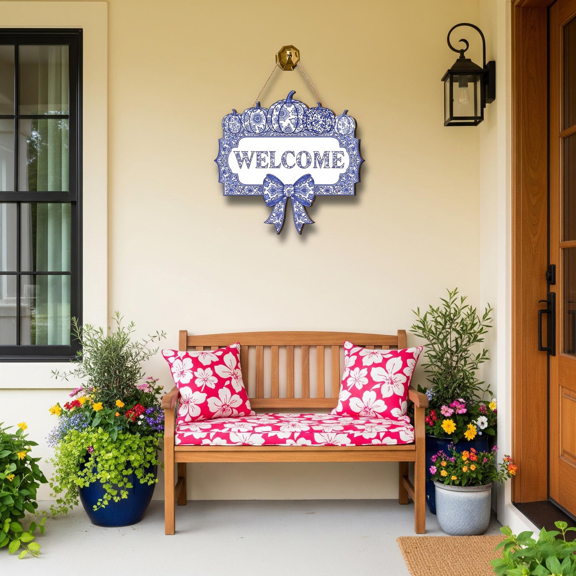 Chinoiserie Pumpkin Welcome Sign, Blue and White Fall Door Hanger, Autumn Front Porch Decor, Grandmillennial Halloween Wooden Plaque