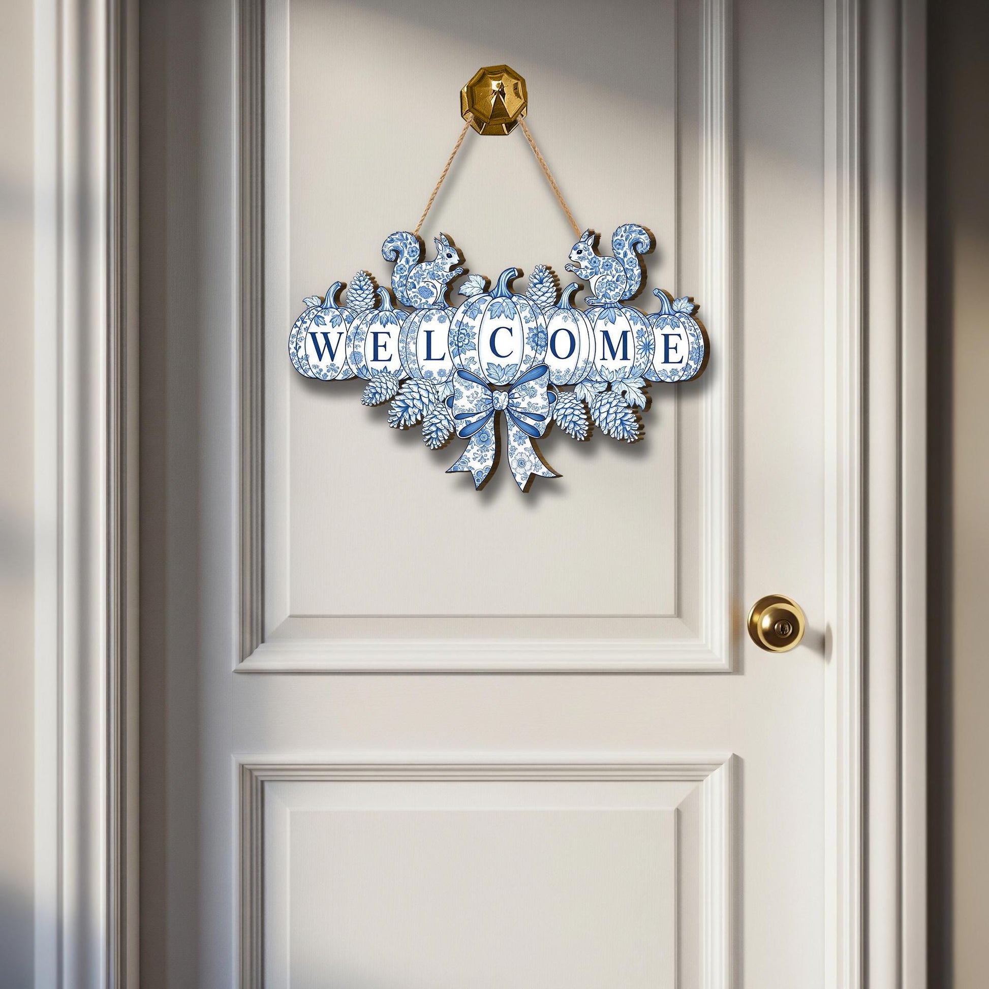 Chinoiserie Pumpkin Welcome Sign, Blue and White Fall Door Hanger, Autumn Front Door Decor, Grandmillennial Thanksgiving Wooden Wreath