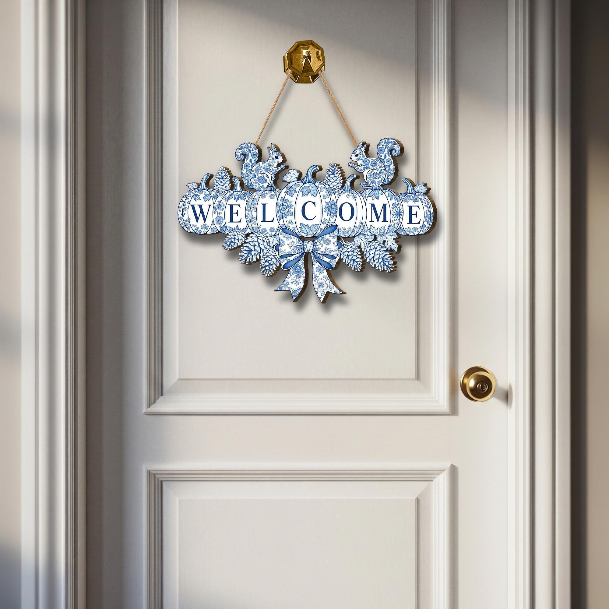 Chinoiserie Pumpkin Welcome Sign, Blue and White Fall Door Hanger, Autumn Front Door Decor, Grandmillennial Thanksgiving Wooden Wreath