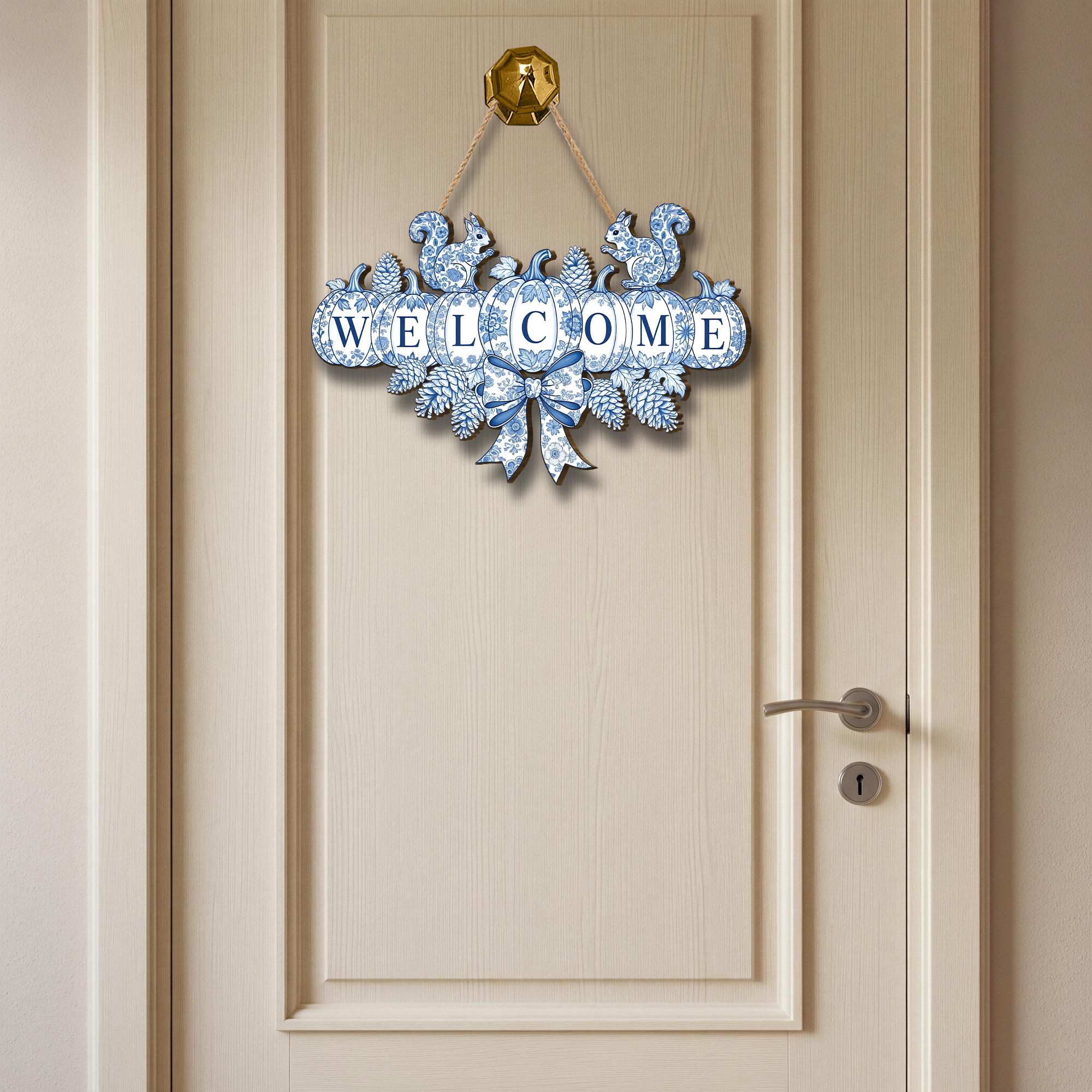 Chinoiserie Pumpkin Welcome Sign, Blue and White Fall Door Hanger, Autumn Front Door Decor, Grandmillennial Thanksgiving Wooden Wreath