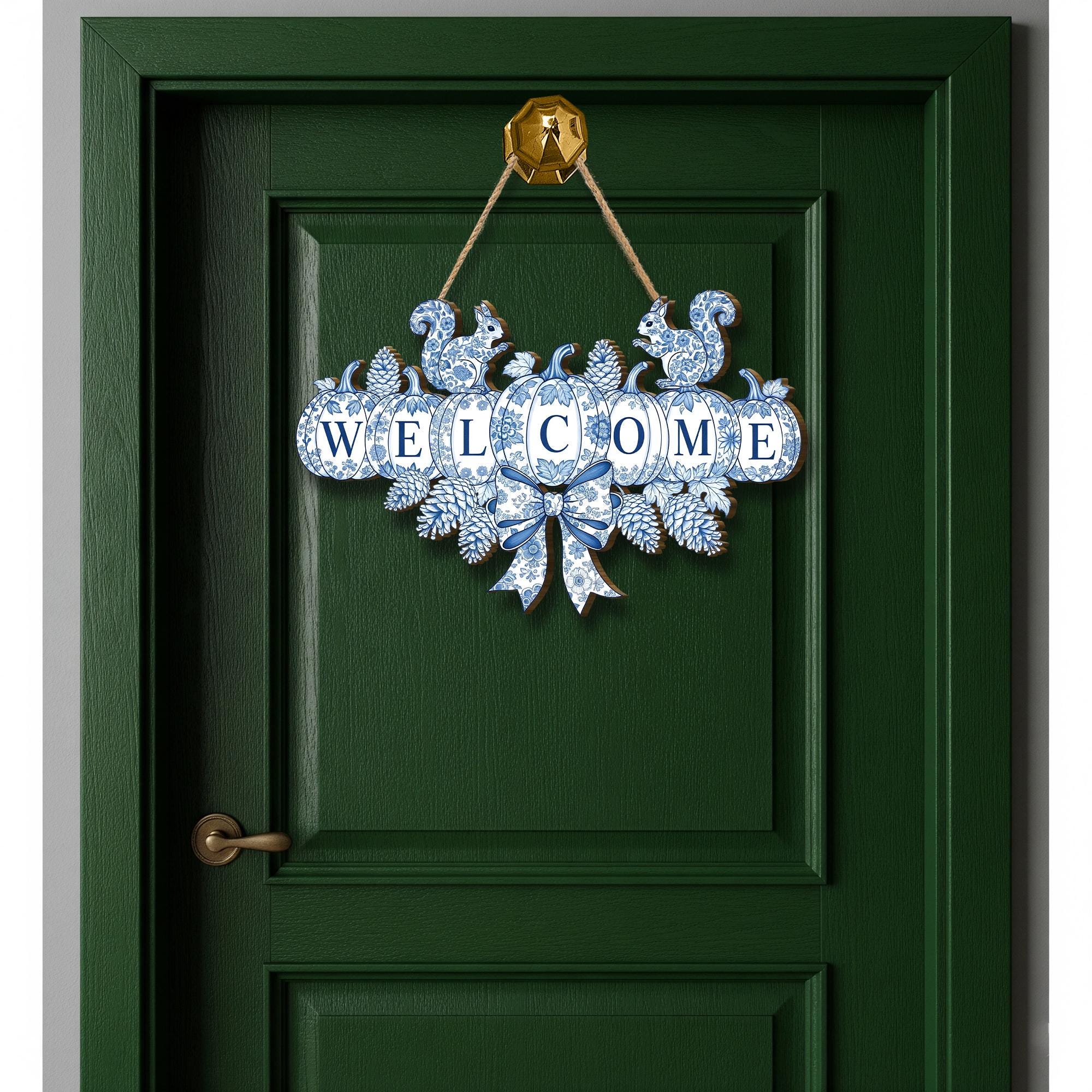 Chinoiserie Pumpkin Welcome Sign, Blue and White Fall Door Hanger, Autumn Front Door Decor, Grandmillennial Thanksgiving Wooden Wreath
