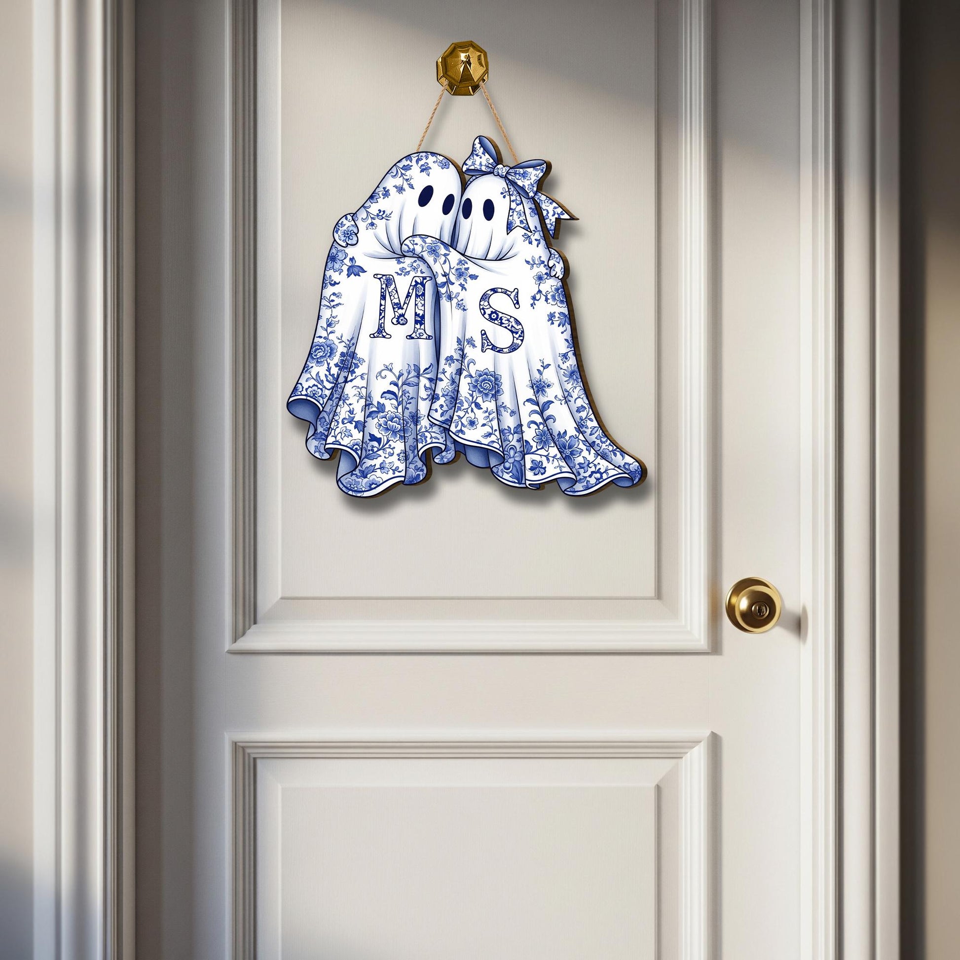 Personalized Chinoiserie Ghost Couple Sign, Halloween Door Hanger, Spooky Decor, Custom Initial Wood Sign, Grandmillennial Fall Decor