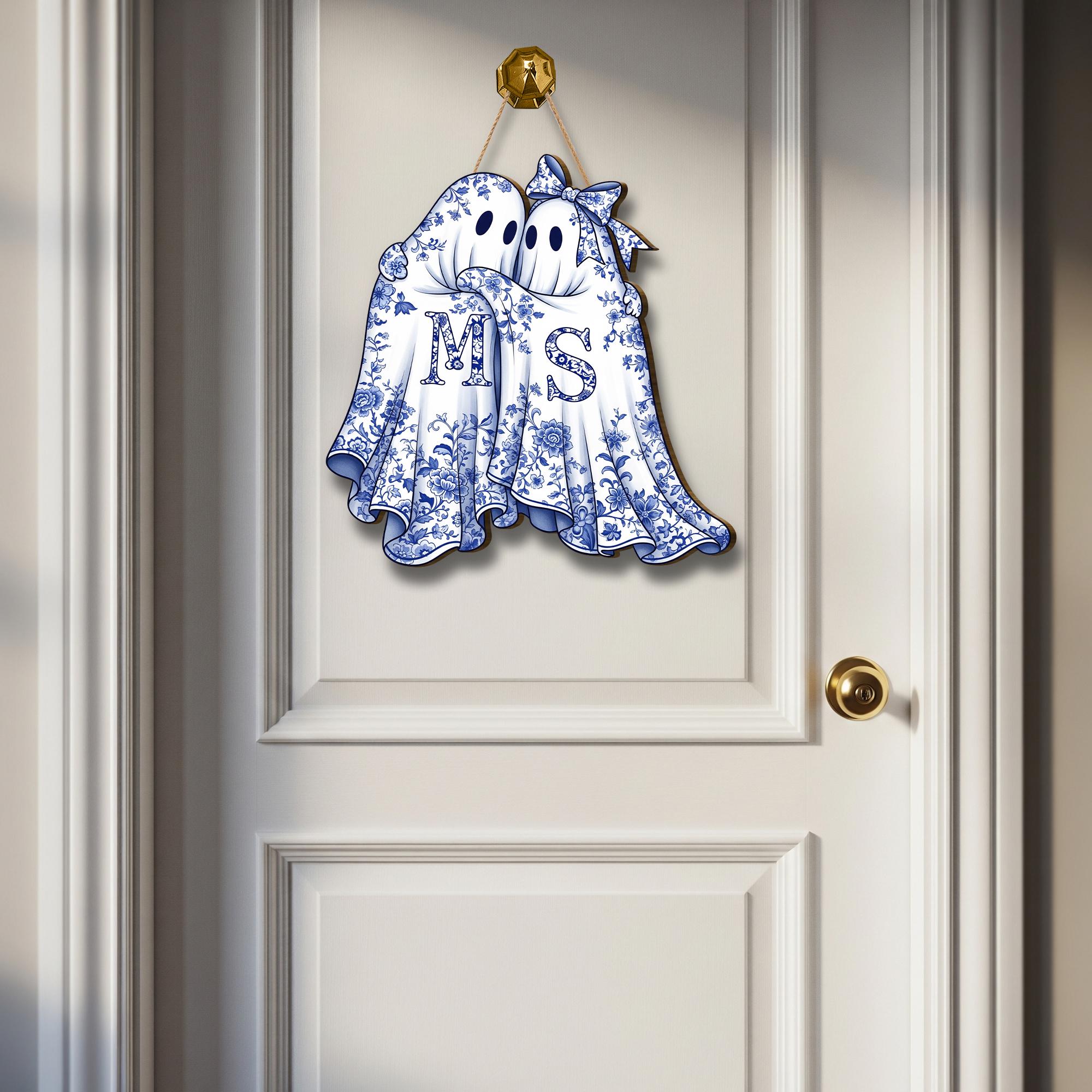 Personalized Chinoiserie Ghost Couple Sign, Halloween Door Hanger, Spooky Decor, Custom Initial Wood Sign, Grandmillennial Fall Decor
