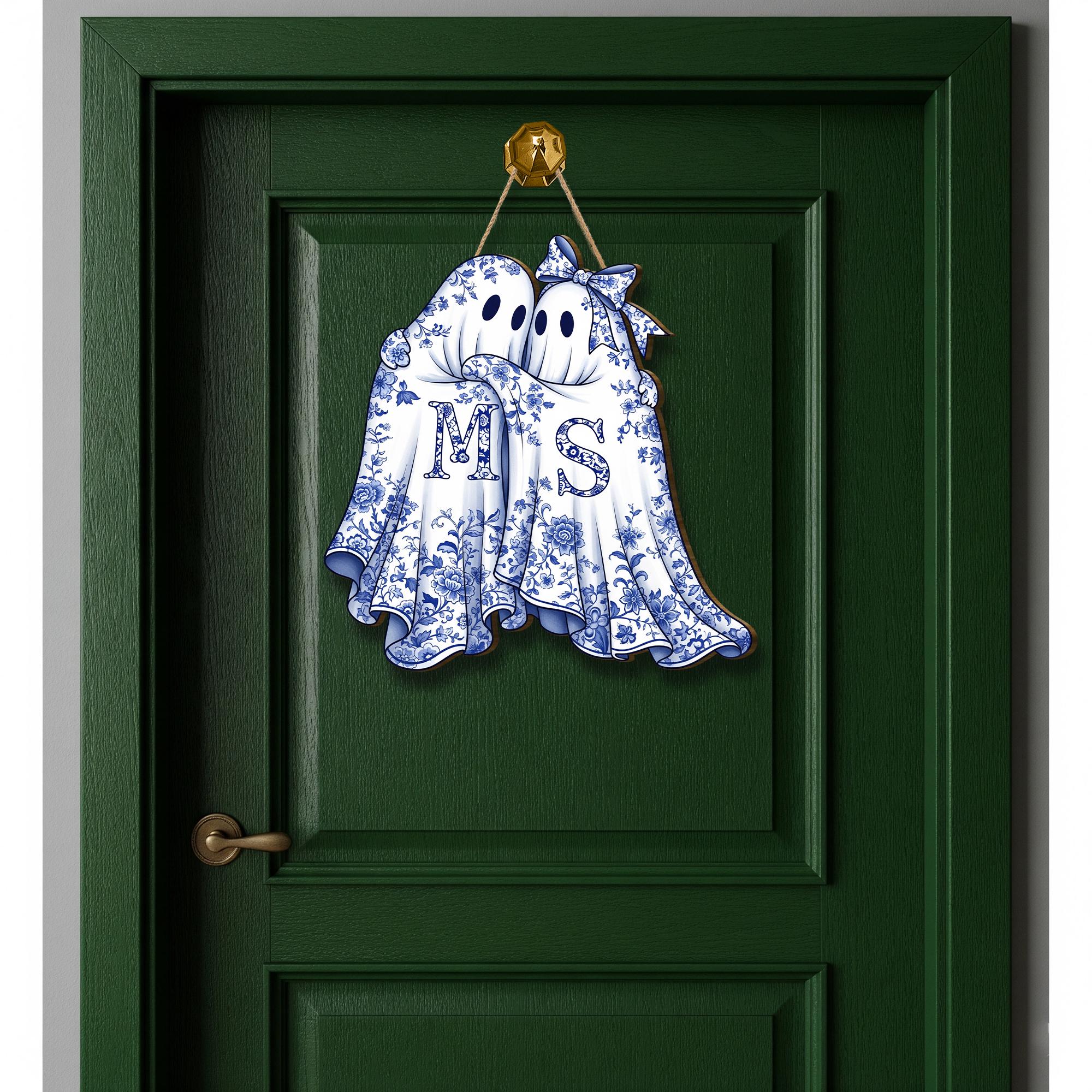 Personalized Chinoiserie Ghost Couple Sign, Halloween Door Hanger, Spooky Decor, Custom Initial Wood Sign, Grandmillennial Fall Decor