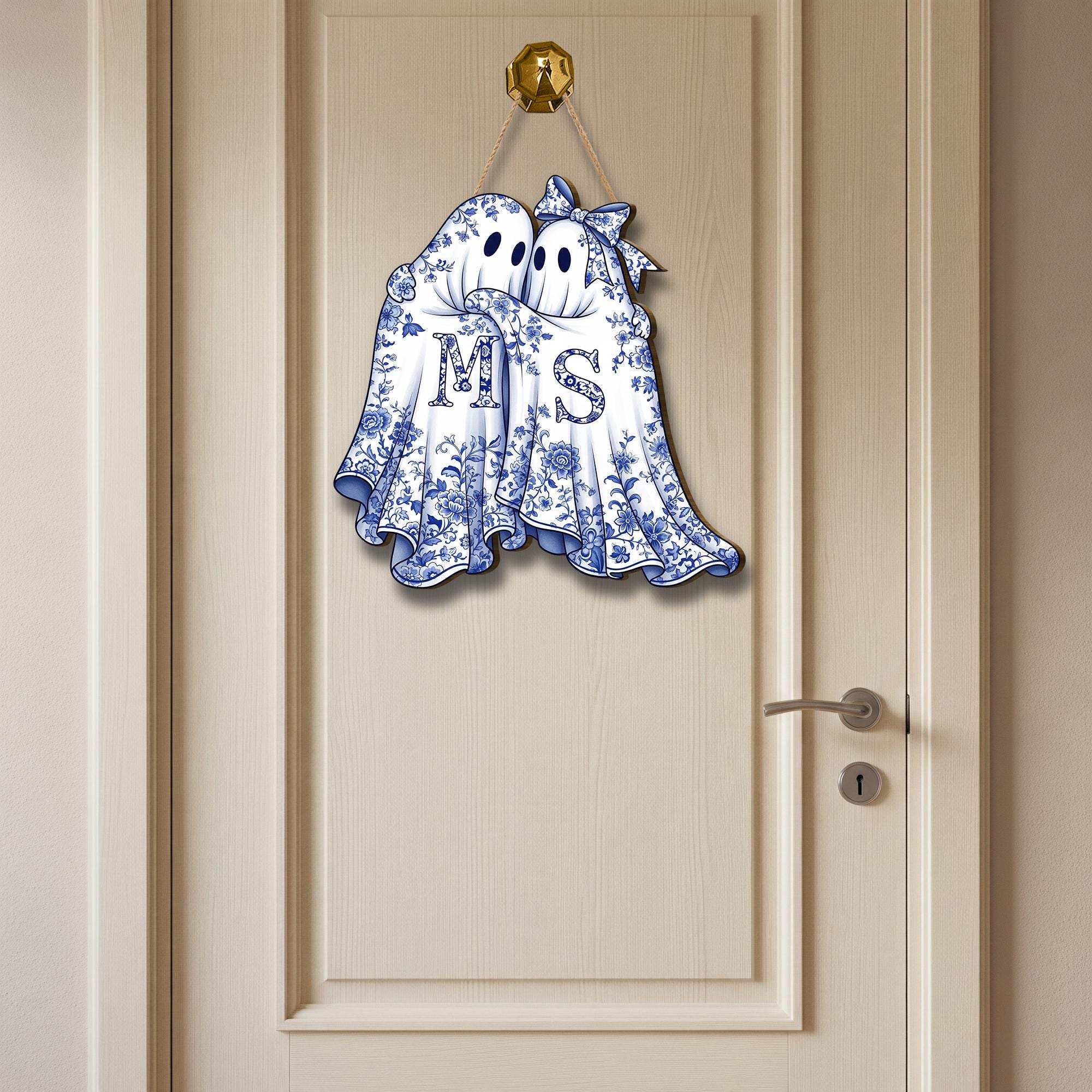 Personalized Chinoiserie Ghost Couple Sign, Halloween Door Hanger, Spooky Decor, Custom Initial Wood Sign, Grandmillennial Fall Decor
