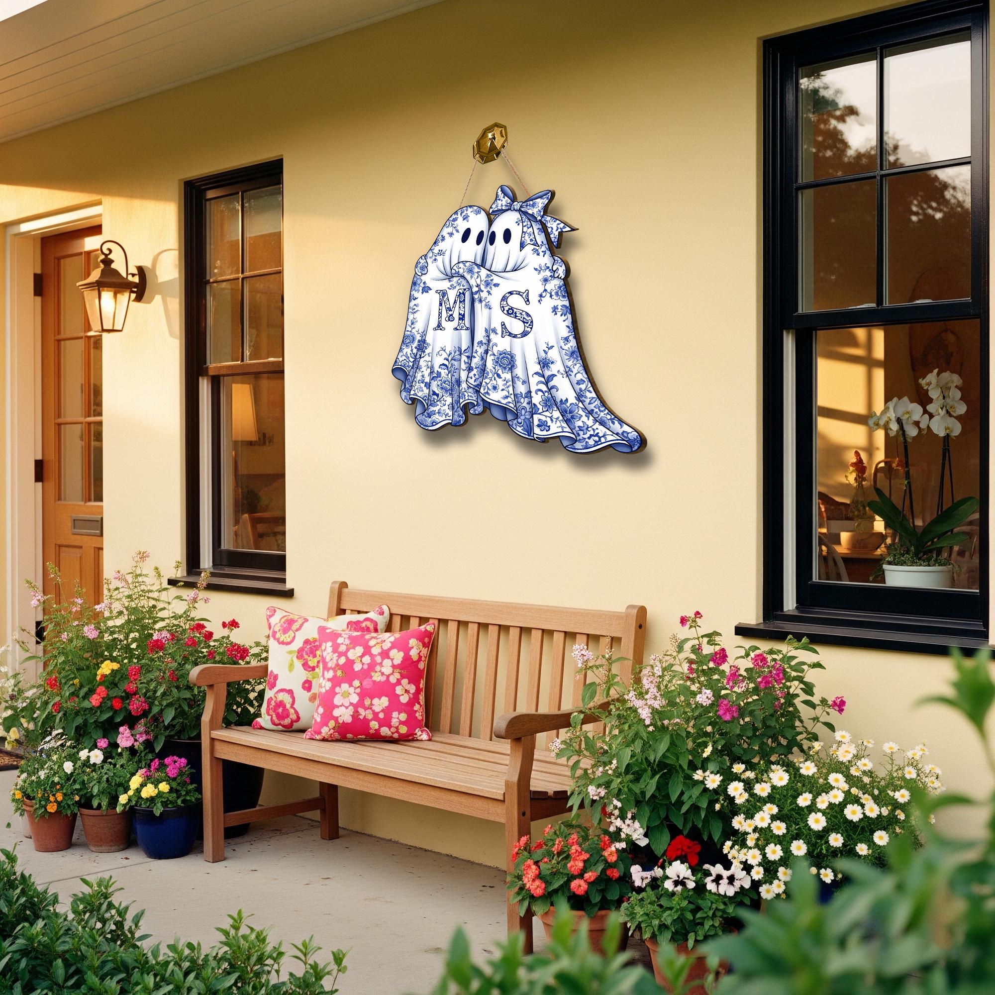 Personalized Chinoiserie Ghost Couple Sign, Halloween Door Hanger, Spooky Decor, Custom Initial Wood Sign, Grandmillennial Fall Decor